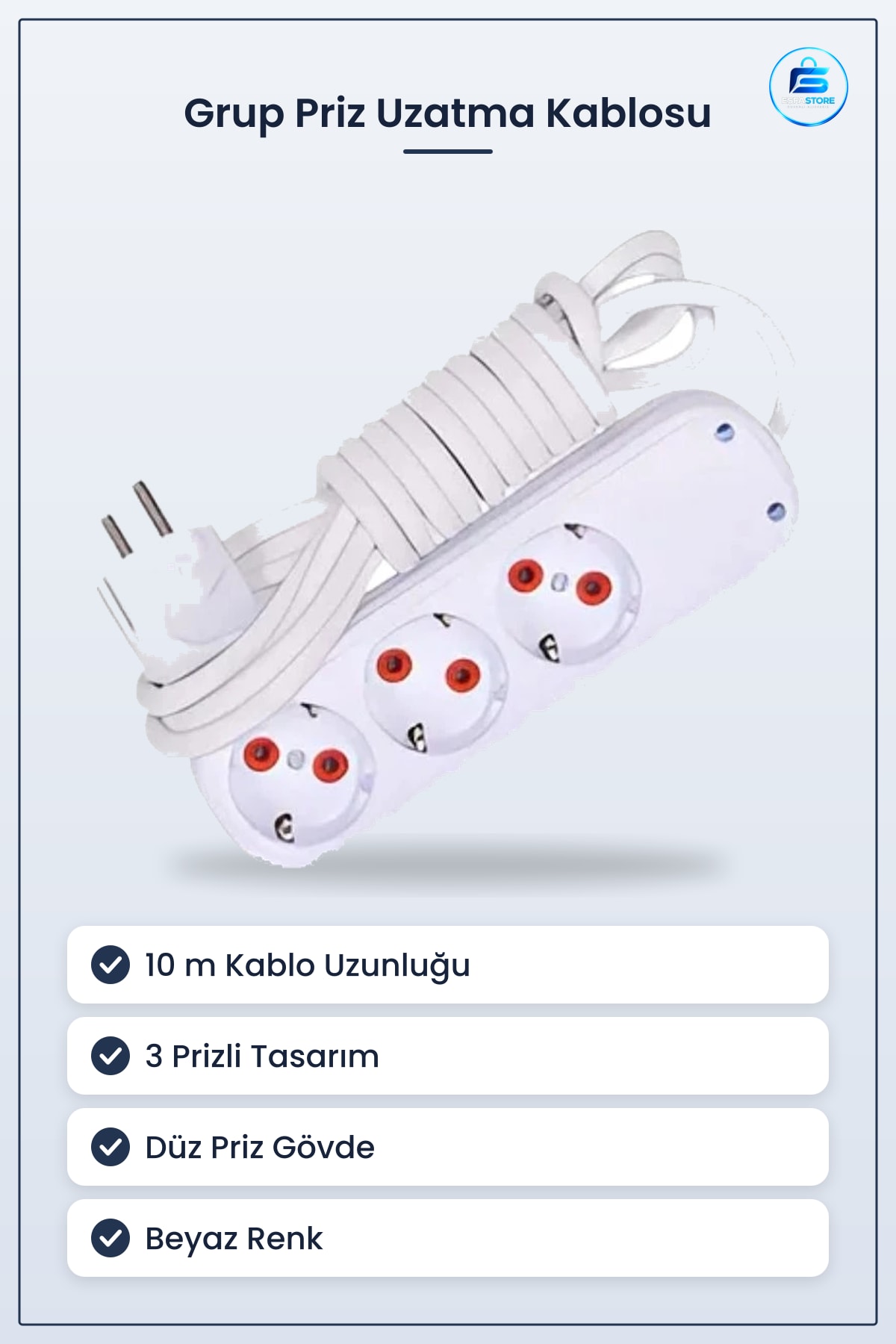 Grup Priz Uzatma Kablosu Düz Tasarım 10 m Beyaz 3 Prizli Ev Ofis Kullanımı İçin Elektrik