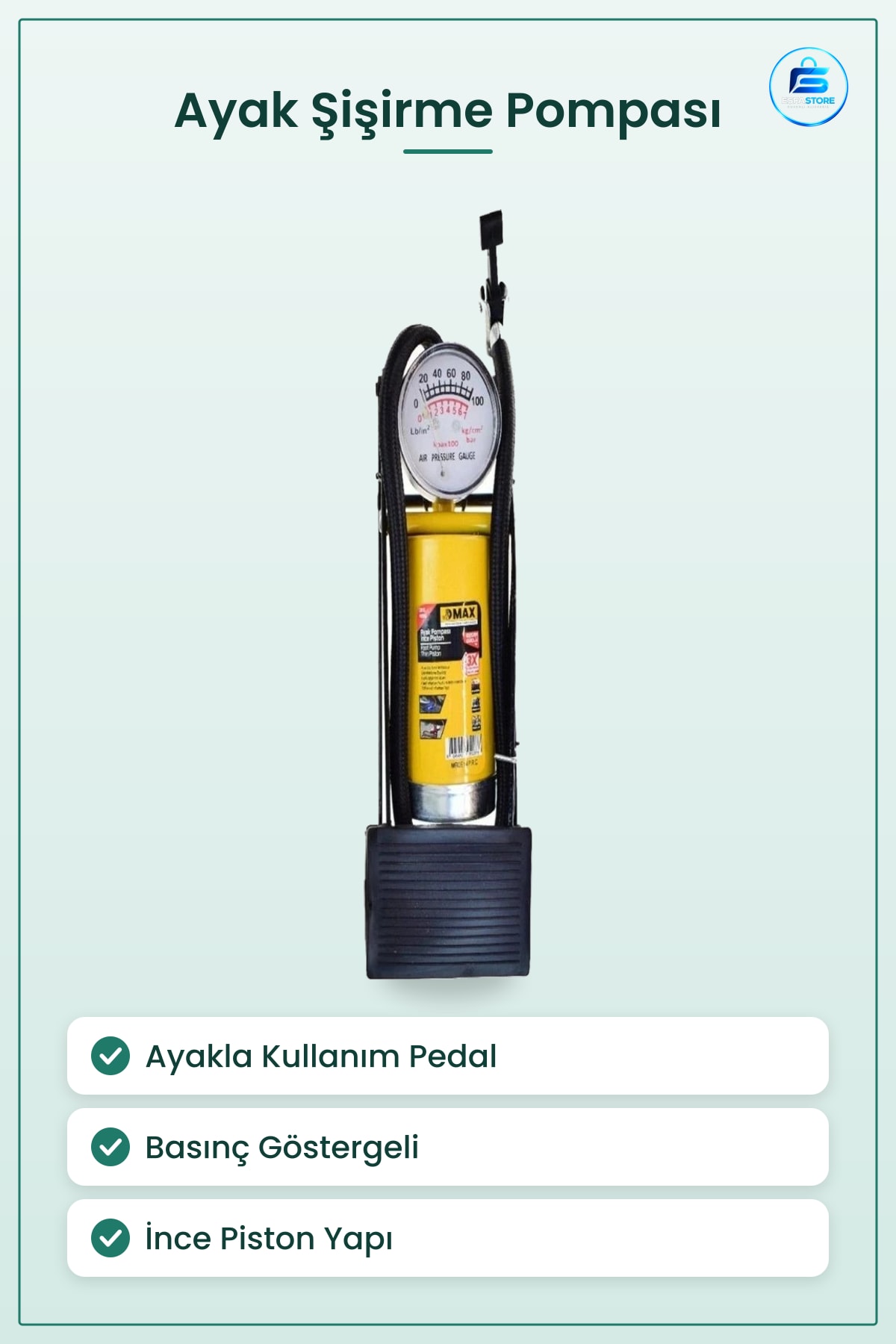 İnce Piston Ayak Şişirme Pompası Ayakla Kullanım Basınç Göstergeli Su Sporu Top Lastik Outdoor