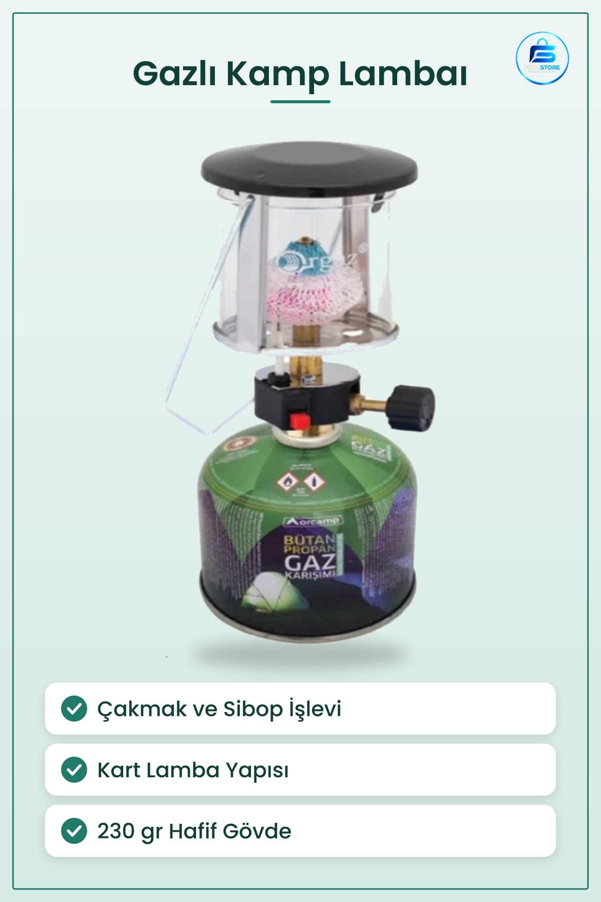 Gazlı Kamp Lambası Çakmak Sibop Kart Lamba 230 gr Taşınabilir Piknik Aydınlatma Feneri Outdoor