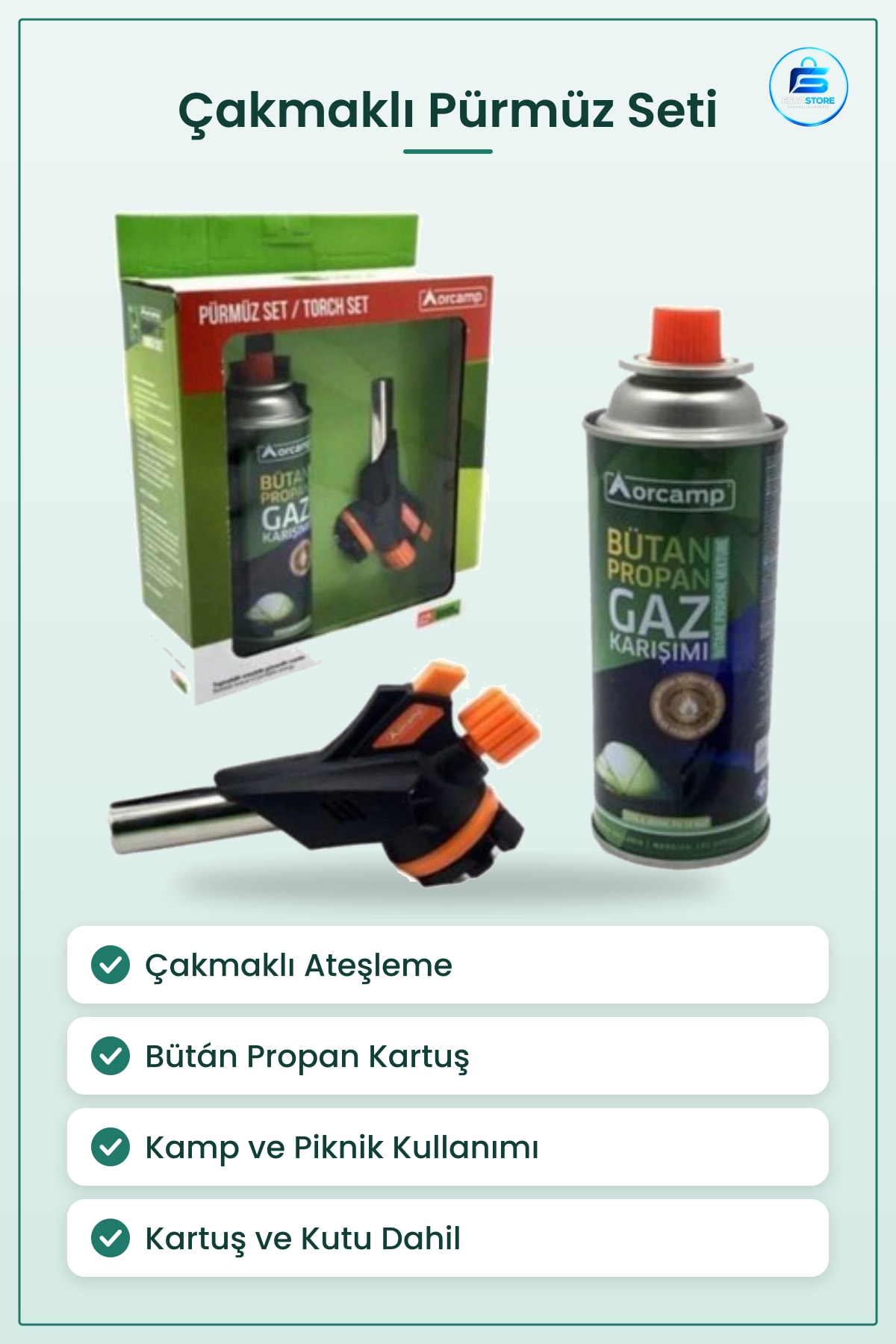 Kamp Çakmağı Çakmaklı Kartuş Pürmüz Seti Bütan Propan Gaz Karışımı Ateşleme Mekanizmalı Pratik