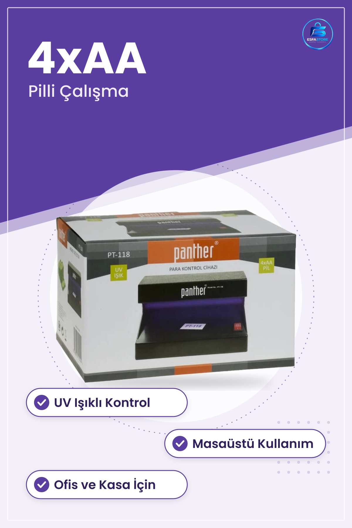 Sahte Para Kontrol Cihazı UV Işıklı Banknot Dedektörü Masaüstü 4xAA Pilli Ofis Kasa