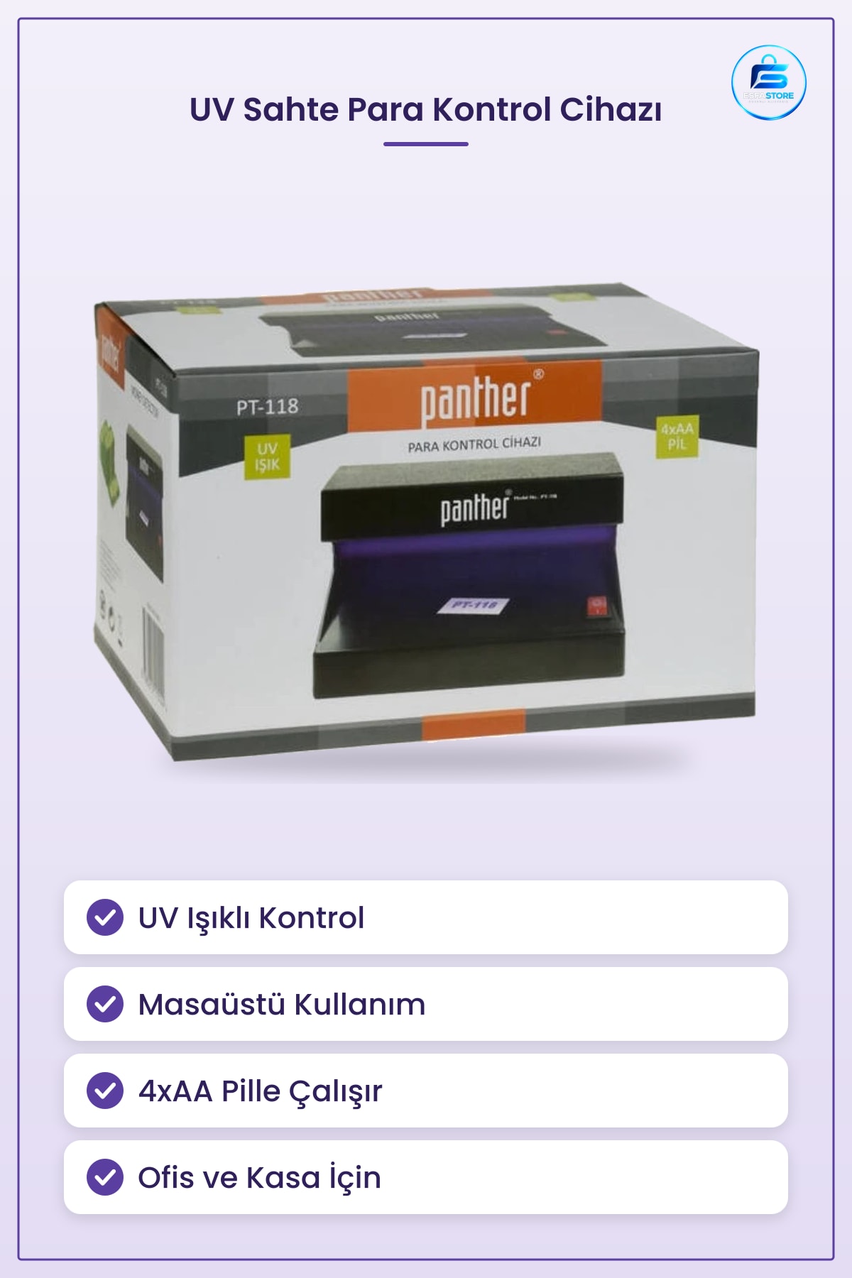 Sahte Para Kontrol Cihazı UV Işıklı Banknot Dedektörü Masaüstü 4xAA Pilli Ofis Kasa