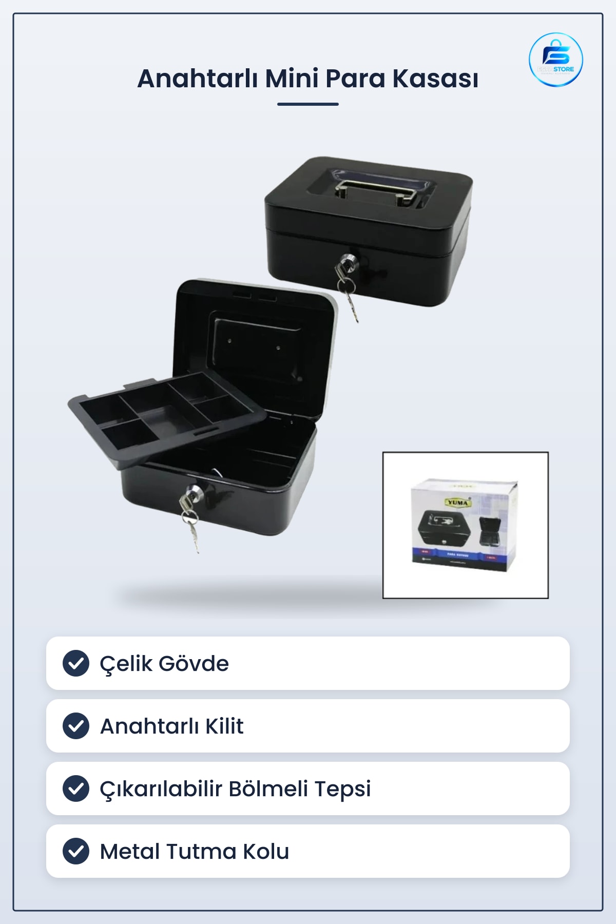 Çelik Para Kasası Küçük Boy Anahtarlı Kilitli Mini Kasa Bozuk Madeni Saklama Kutusu Siyah