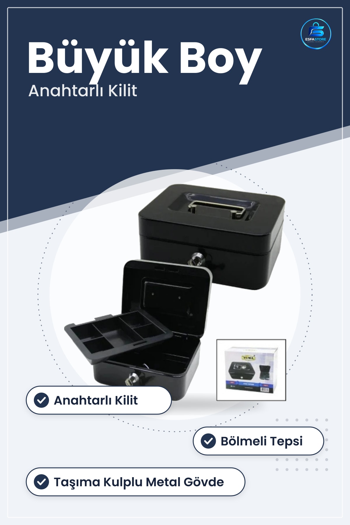 Çelik Para Kasası Büyük Boy Anahtarlı Tepsili Taşıma Kulplu Metal Kutu Ofis Ev Güvenlik