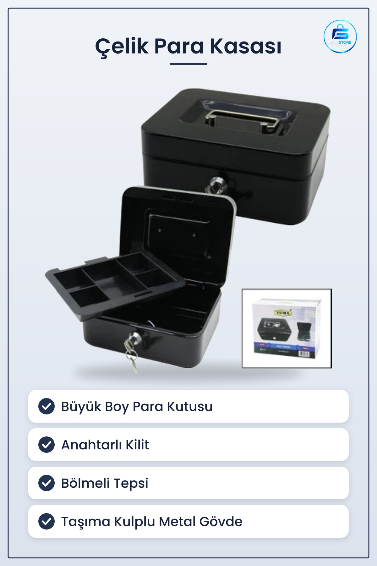 Çelik Para Kasası Büyük Boy Anahtarlı Tepsili Taşıma Kulplu Metal Kutu Ofis Ev Güvenlik
