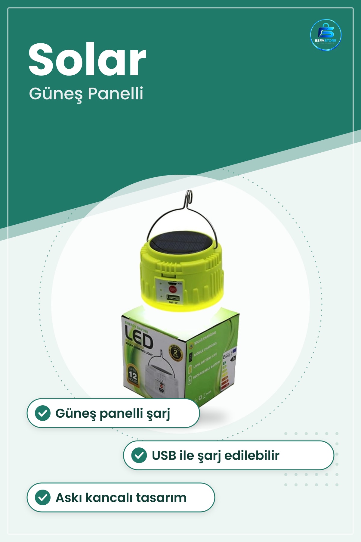 LED Solar Kamp Lambası USB Şarjlı Taşınabilir Kancalı Açık Hava Aydınlatma Işığı Güneş Panelli