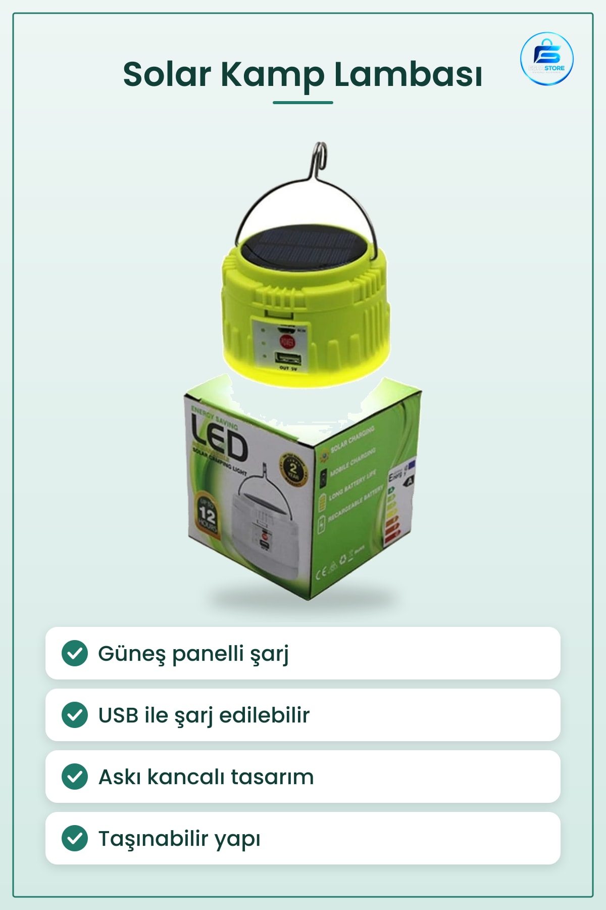 LED Solar Kamp Lambası USB Şarjlı Taşınabilir Kancalı Açık Hava Aydınlatma Işığı Güneş Panelli