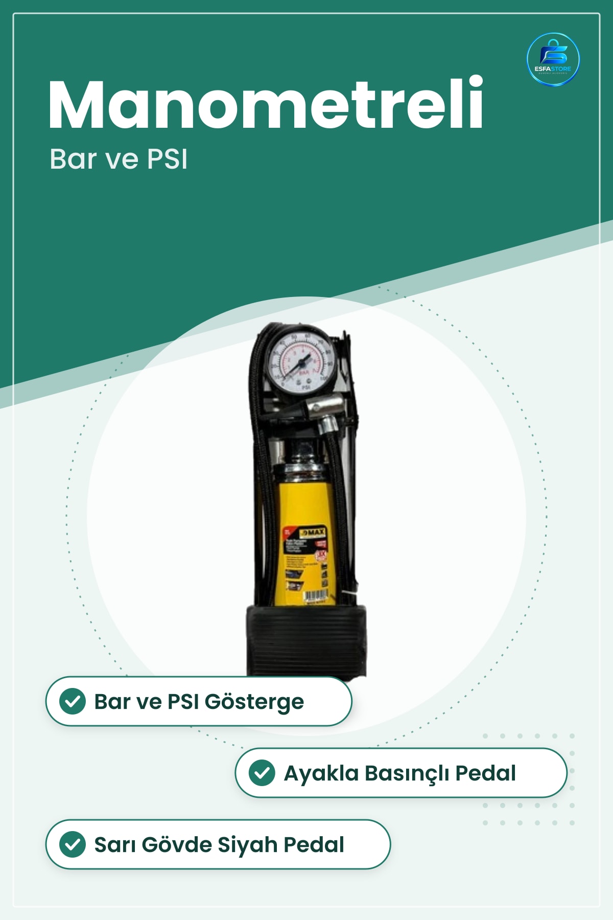 Ayak Pompası Bisiklet Lastiği Şişirici Manometreli Hava Kamp Ev Pratik Hızlı Kullanım