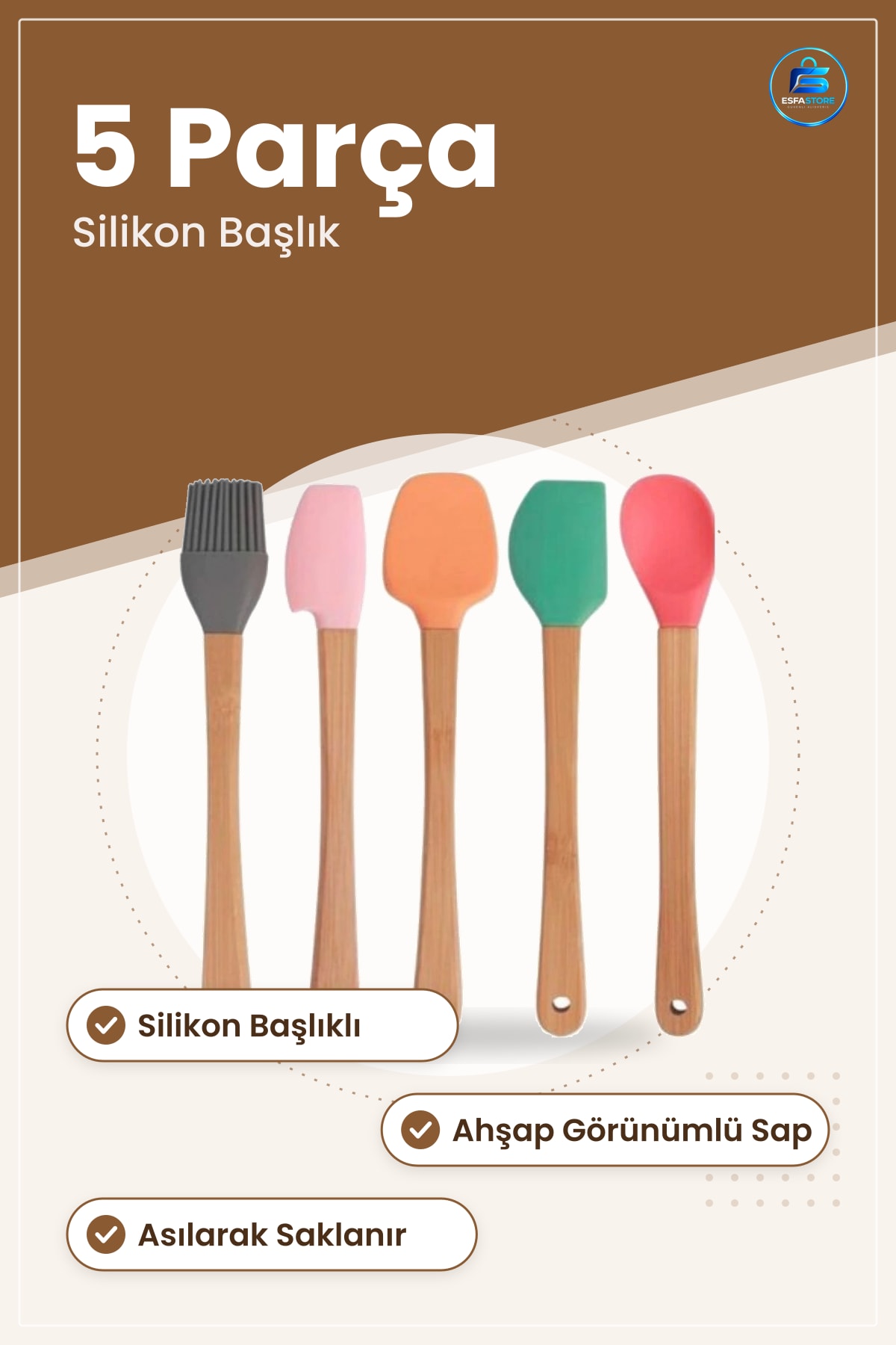 Silikon Kaşık Seti Mutfak Spatula Fırça Ahşap Saplı Pişirme ve Yemek Hazırlık Aracı