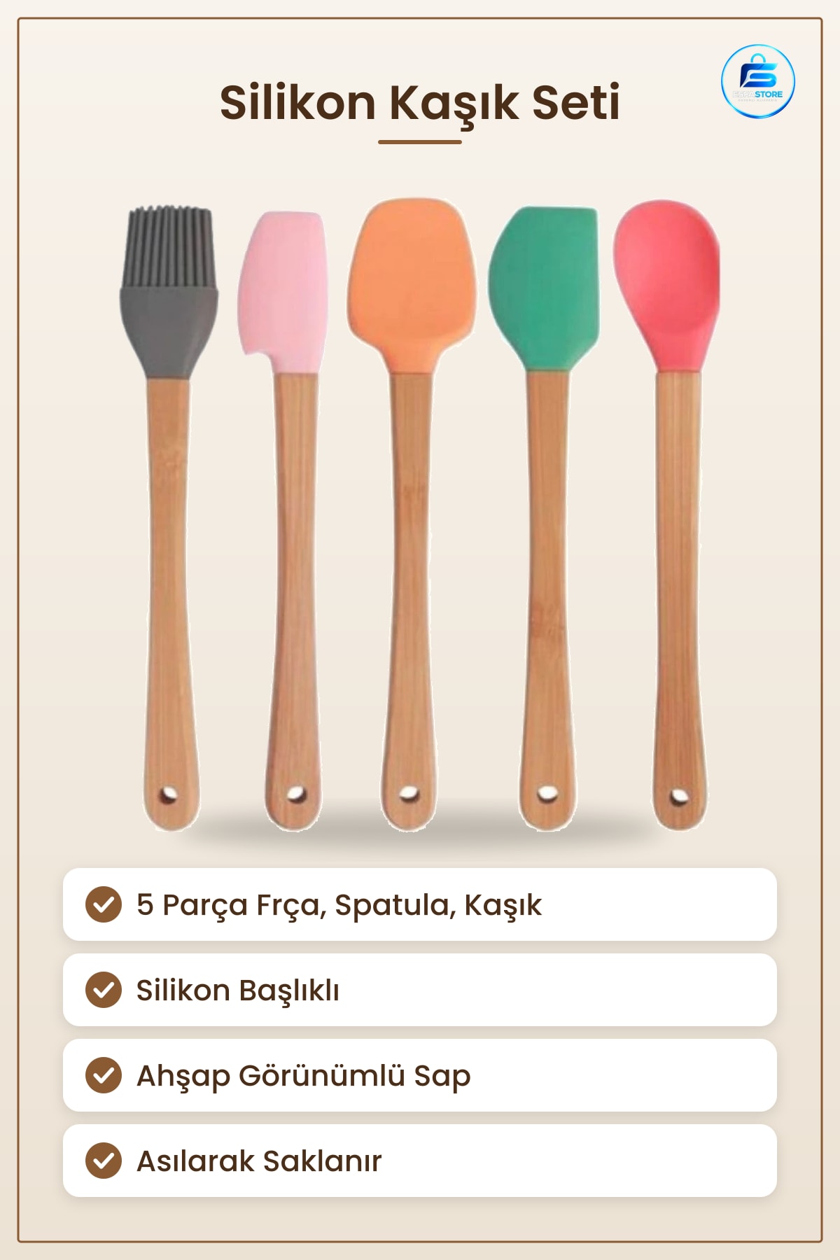 Silikon Kaşık Seti Mutfak Spatula Fırça Ahşap Saplı Pişirme ve Yemek Hazırlık Aracı