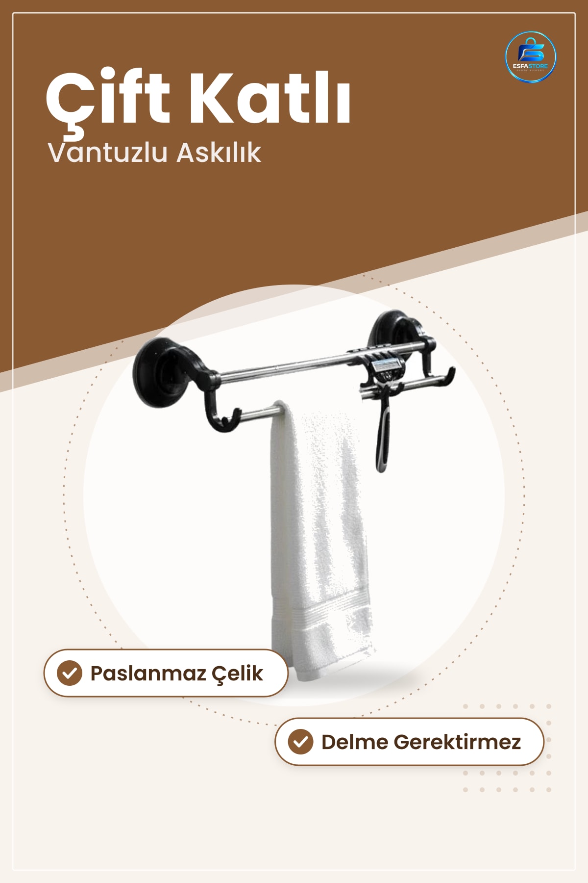 Vakumlu Askılık Havlu Askısı Vantuzlu Banyo Duvar Askılığı Kancalı Paslanmaz Çelik Çift Katlı