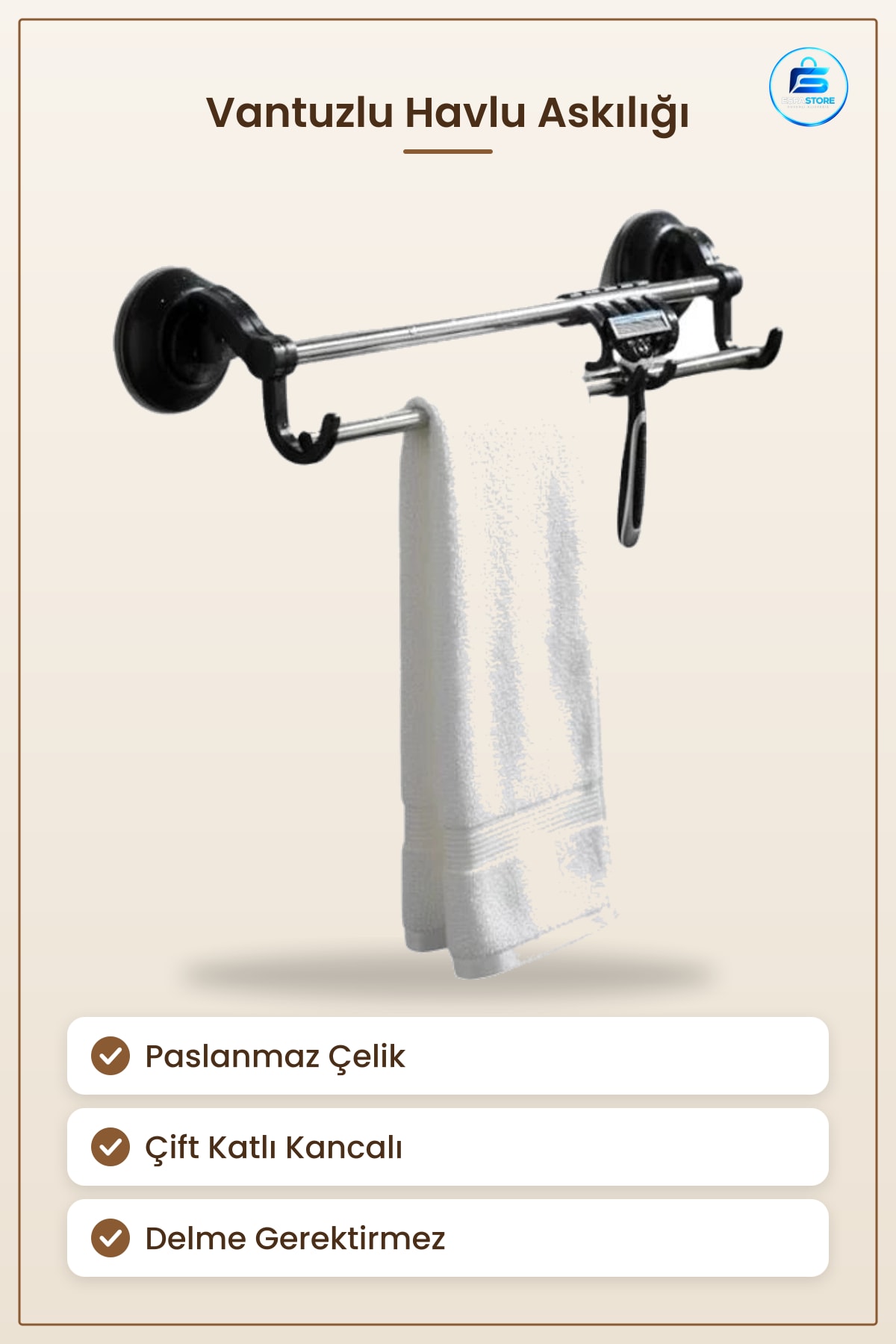 Vakumlu Askılık Havlu Askısı Vantuzlu Banyo Duvar Askılığı Kancalı Paslanmaz Çelik Çift Katlı