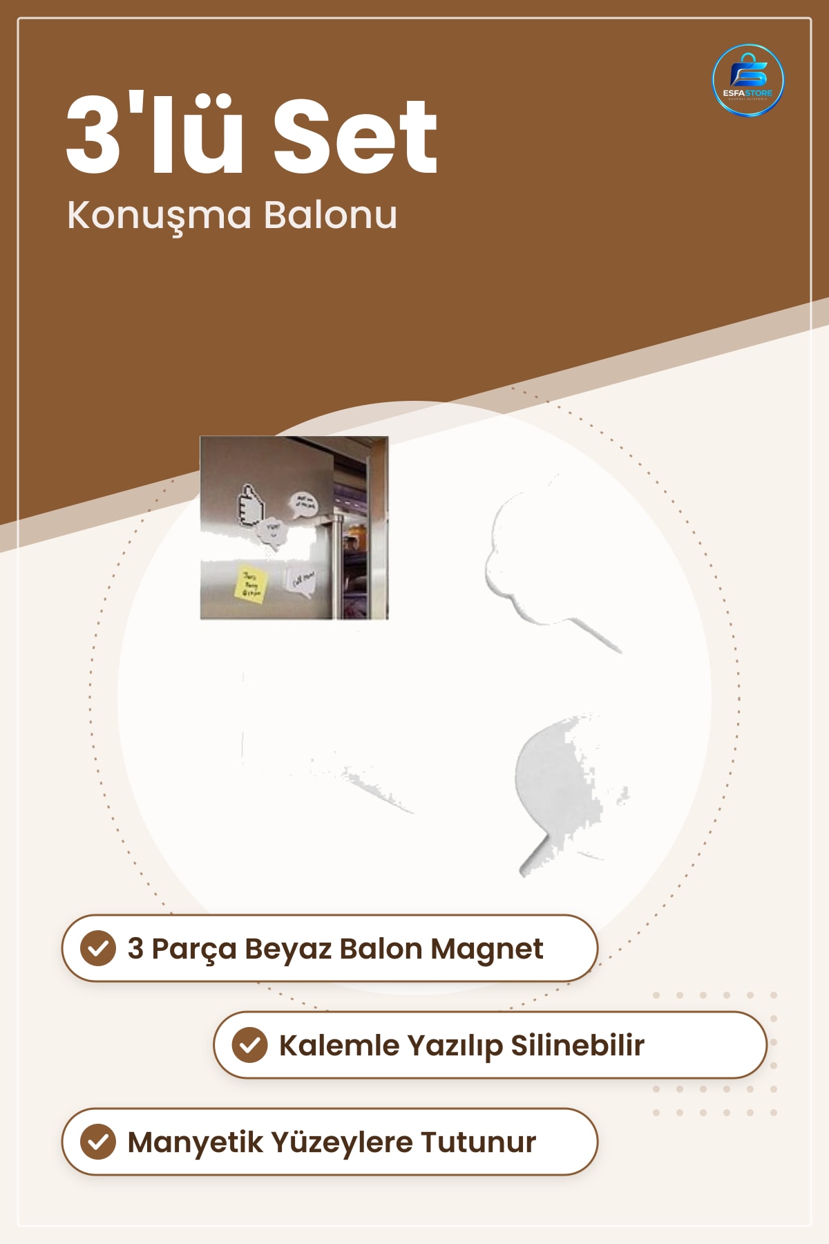 Magnet Seti 3 Parça Beyaz Konuşma Balonu Buzdolaı Mutfak Yazılabilir Mıknatıs Kalemli