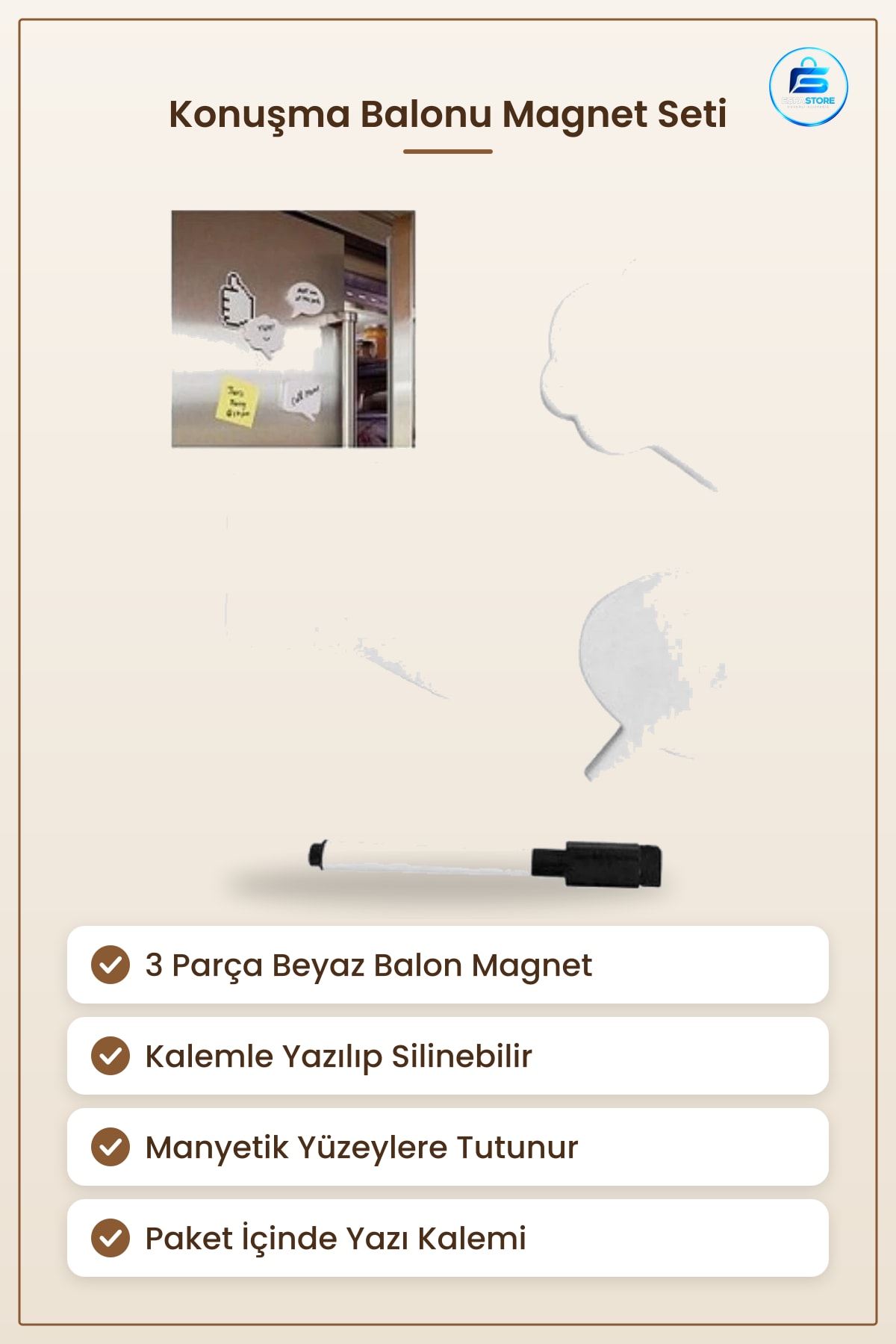 Magnet Seti 3 Parça Beyaz Konuşma Balonu Buzdolaı Mutfak Yazılabilir Mıknatıs Kalemli