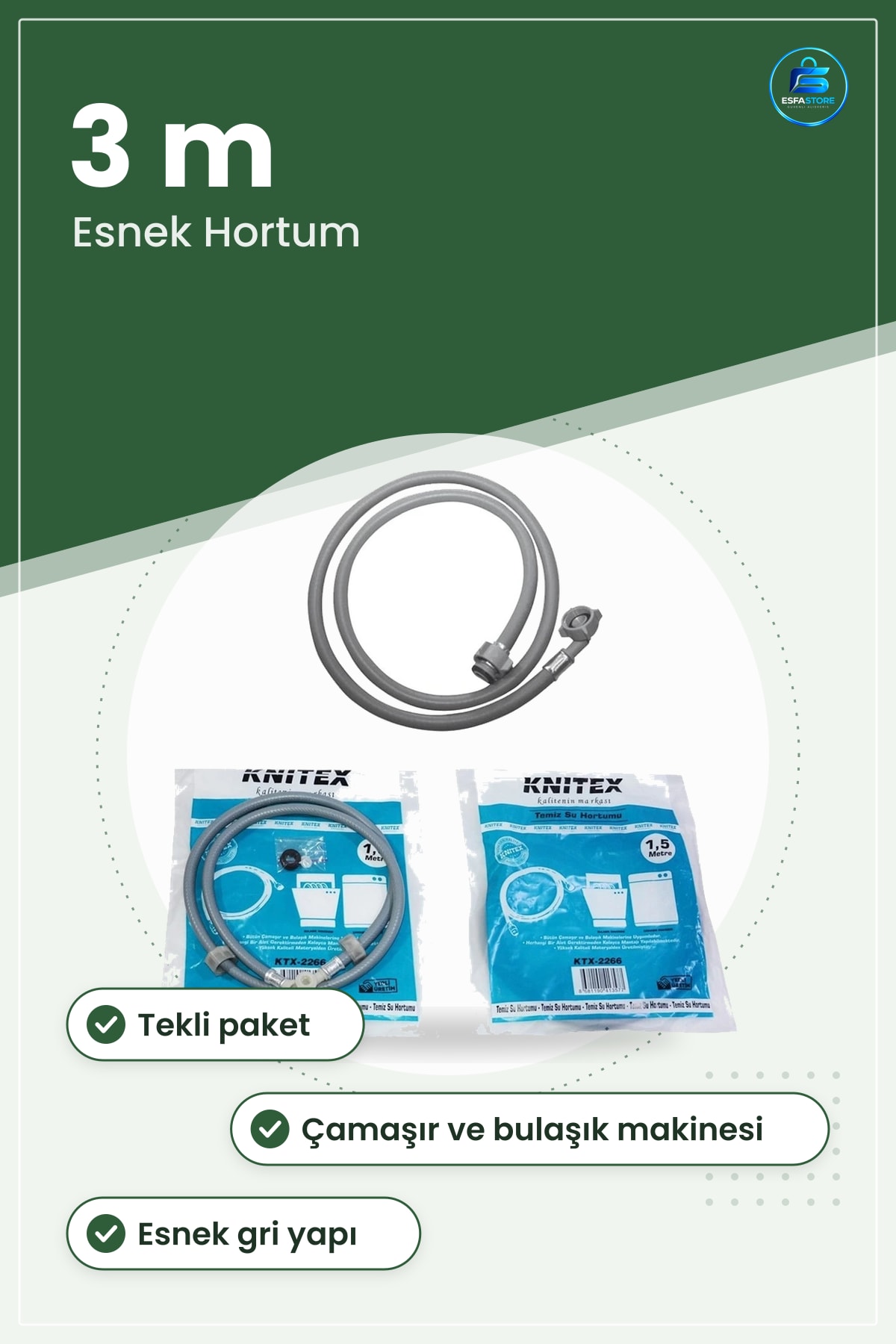 Temiz Su Hortumu Tekli 3 m Çamaşır ve Bulaşık Makinesi Bağlantısı İçin Gri Esnek Hortum