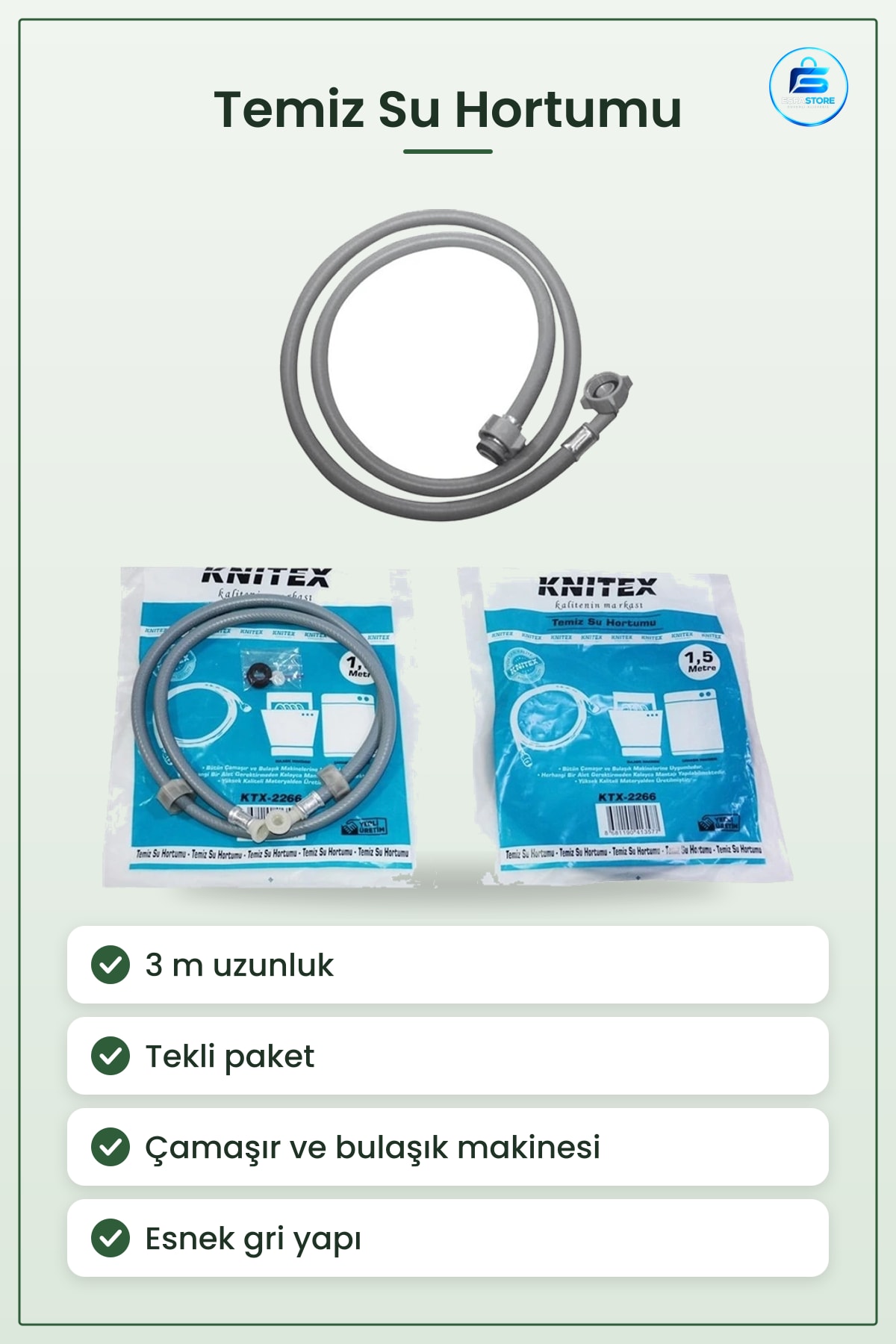 Temiz Su Hortumu Tekli 3 m Çamaşır ve Bulaşık Makinesi Bağlantısı İçin Gri Esnek Hortum