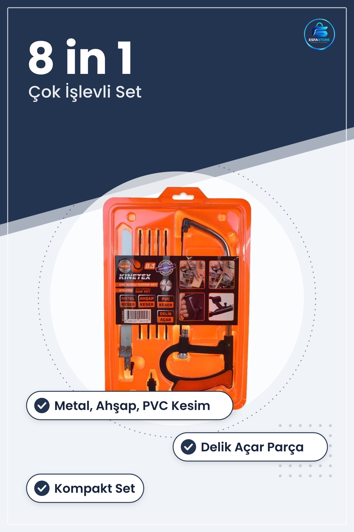 Testere Seti 8 in 1 Çok İşlevli Metal Ahşap PVC Keser Delik Açar El Aletleri Hırdavat Kesme