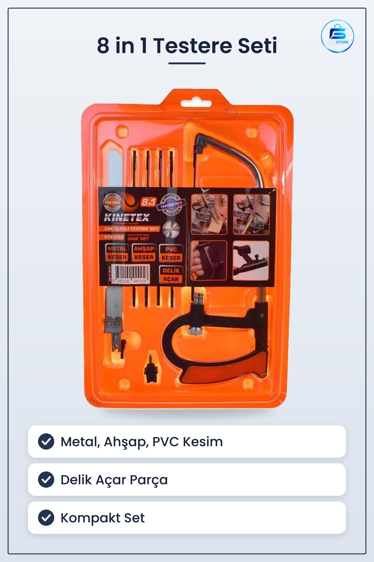 Testere Seti 8 in 1 Çok İşlevli Metal Ahşap PVC Keser Delik Açar El Aletleri Hırdavat Kesme