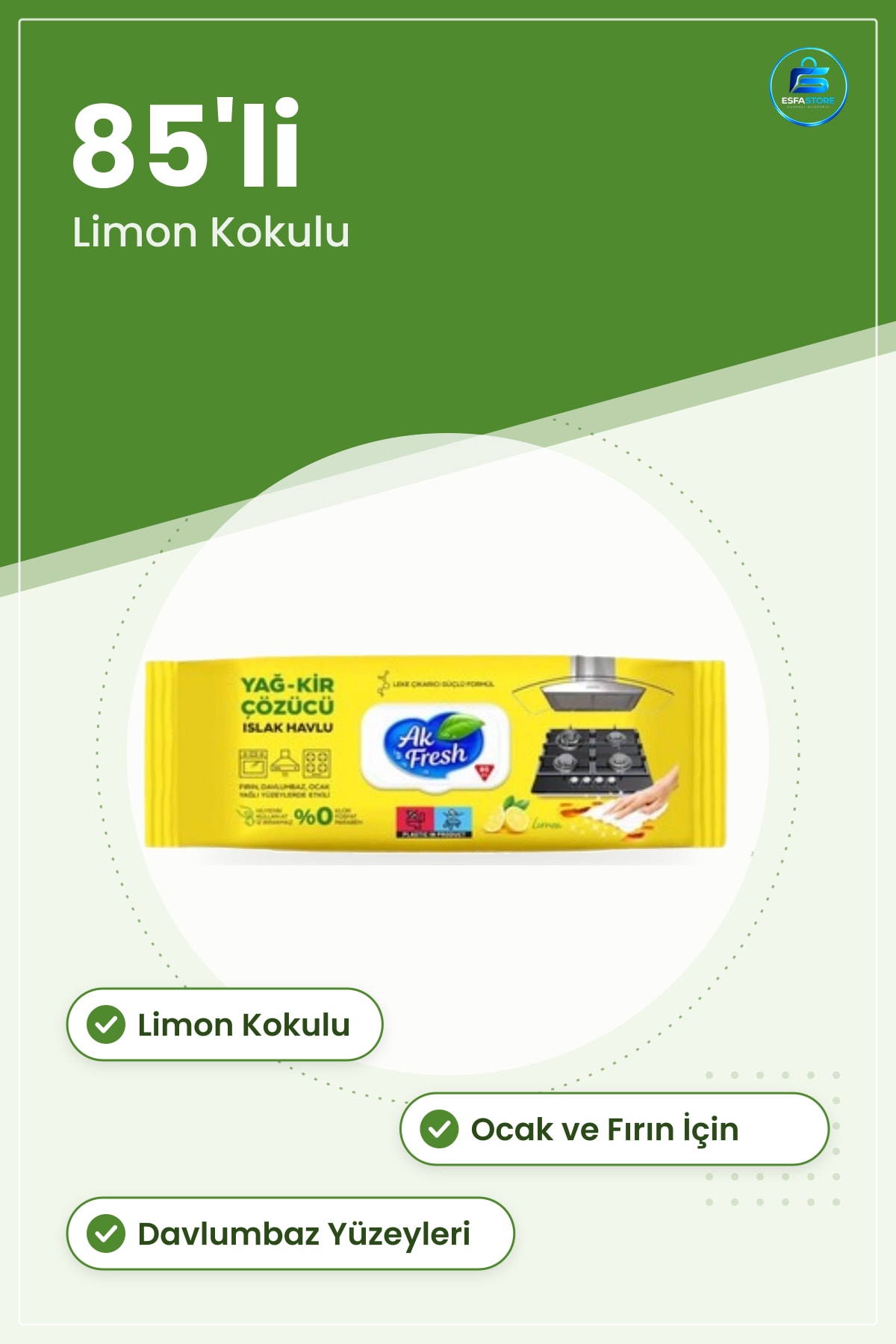 Yağ ve Kir Çözücü Islak Mendil Limon Kokulu 85'li Ocak Fırın Temizlik Mutfak Yüzey Pratik