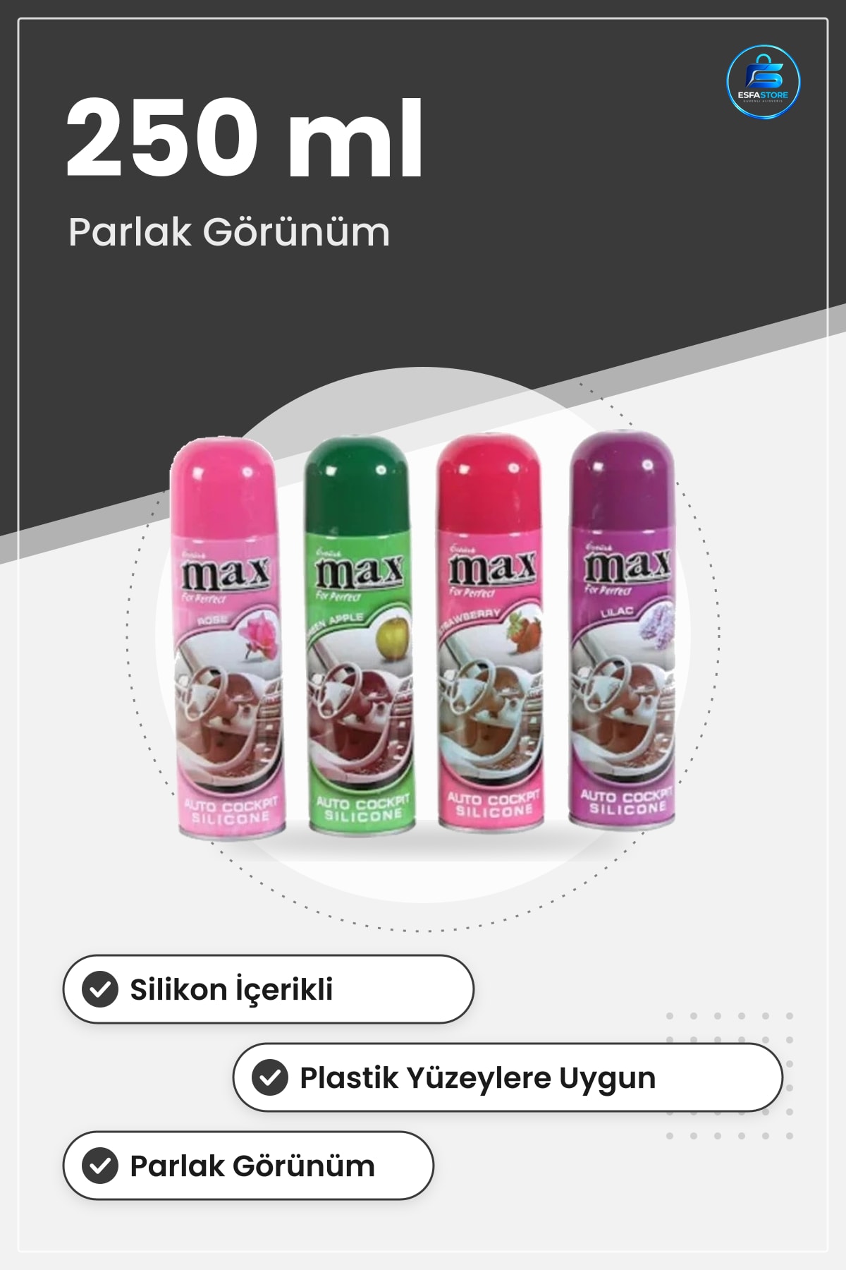 Torpido Parlatıcı Sprey 250 ml Araç İçi Plastik Yüzey Silikon Oto Bakım Ürünü Parlak Görünüm