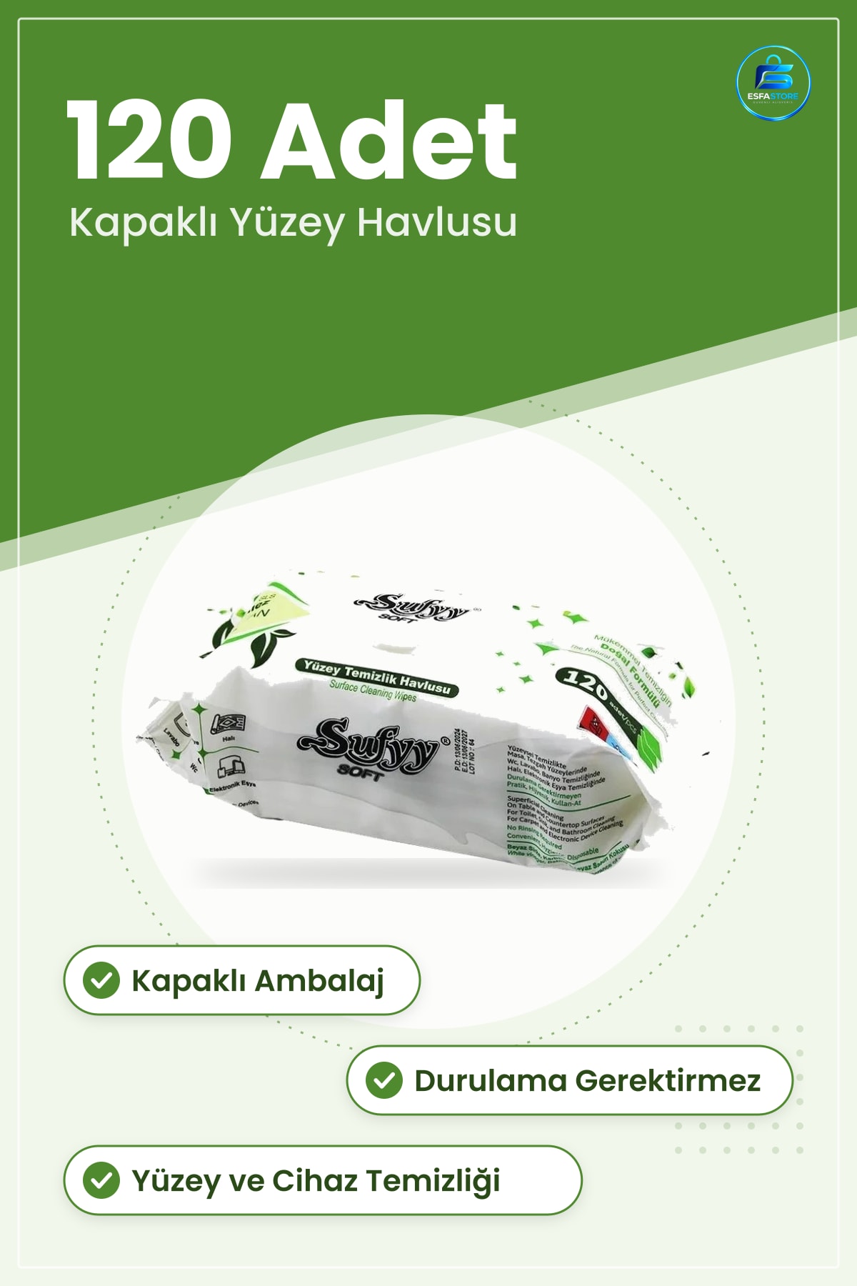 Islak Mendil Kapaklı Yüzey Havlusu 120 Adet Masa WC Halı Elektronik Cihaz Temizliği