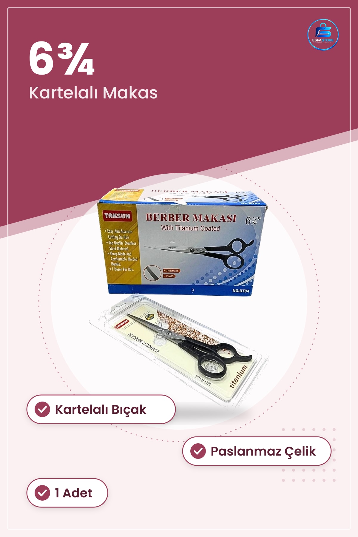 Berber Makası 6¾ Kartelalı Saç Kesim Titanyum Kaplı Paslanmaz Çelik 1 Adet Kuaför
