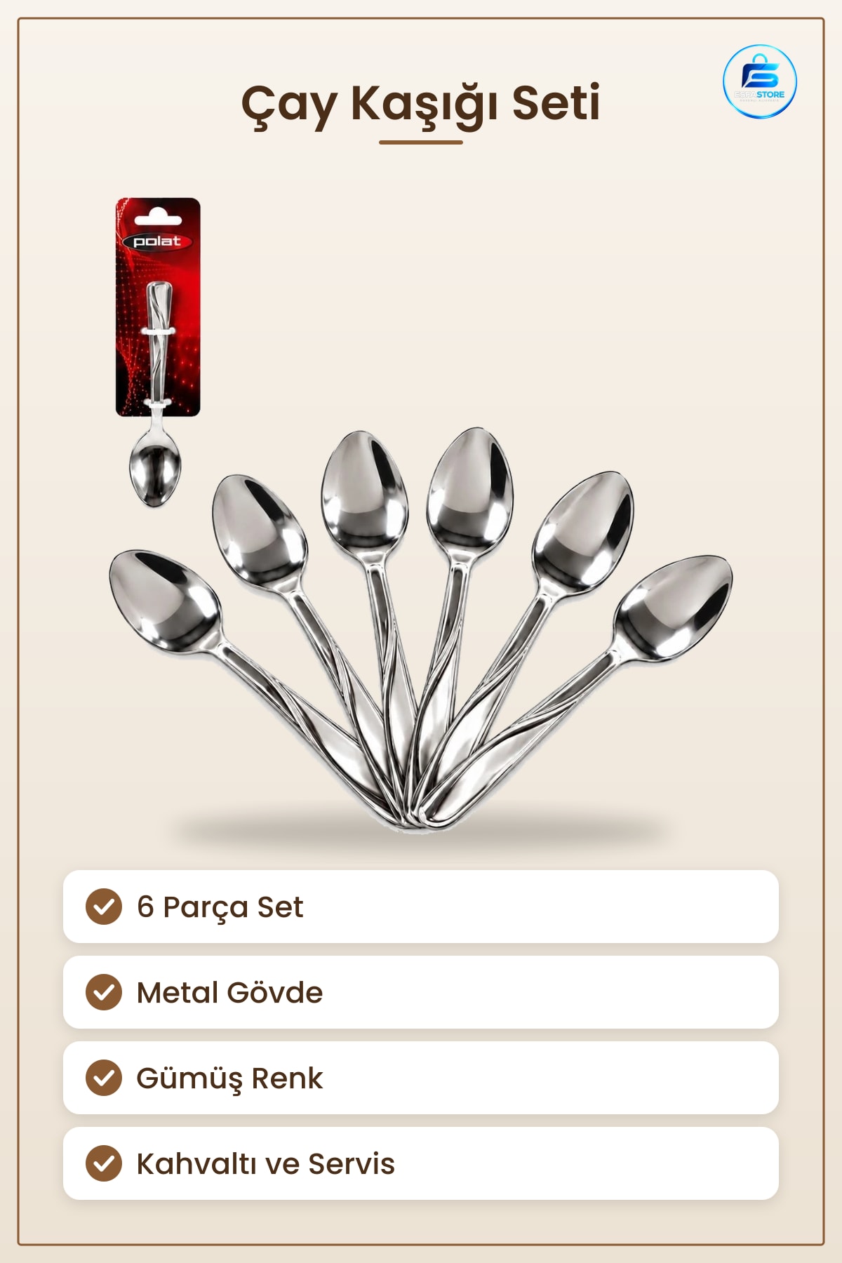 Çay Kaşığı 6 Parça Metal Sofra Seti Mutfak Çatal Bıçak Kaşık Takımı Gümüş Renk Kahvaltı