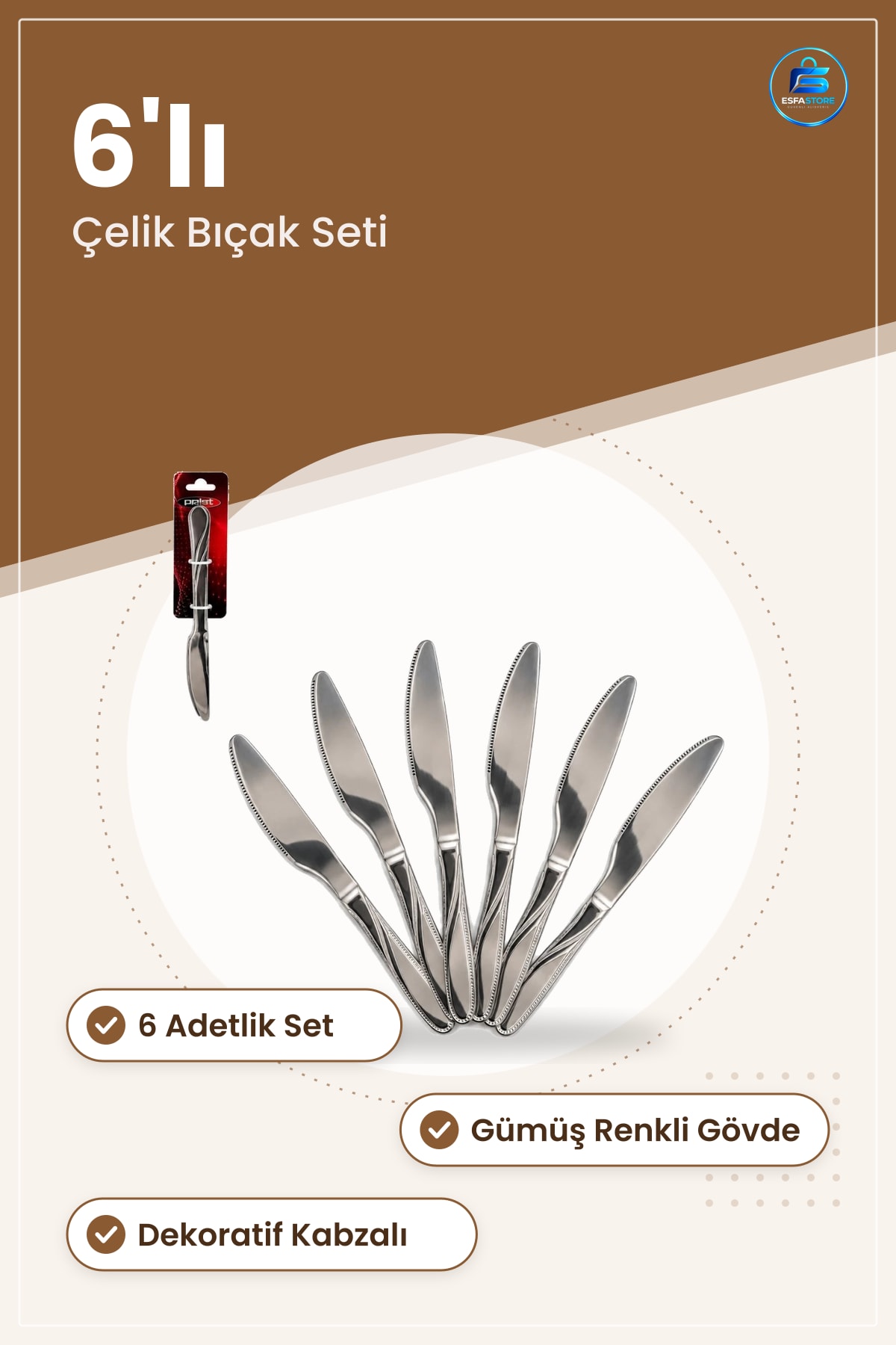 Yemek Bıçağı 6'lı Çelik Sofra Takımı Mutfak Gümüş Renk Günlük Kullanım Seti Dekoratif Kabzalı
