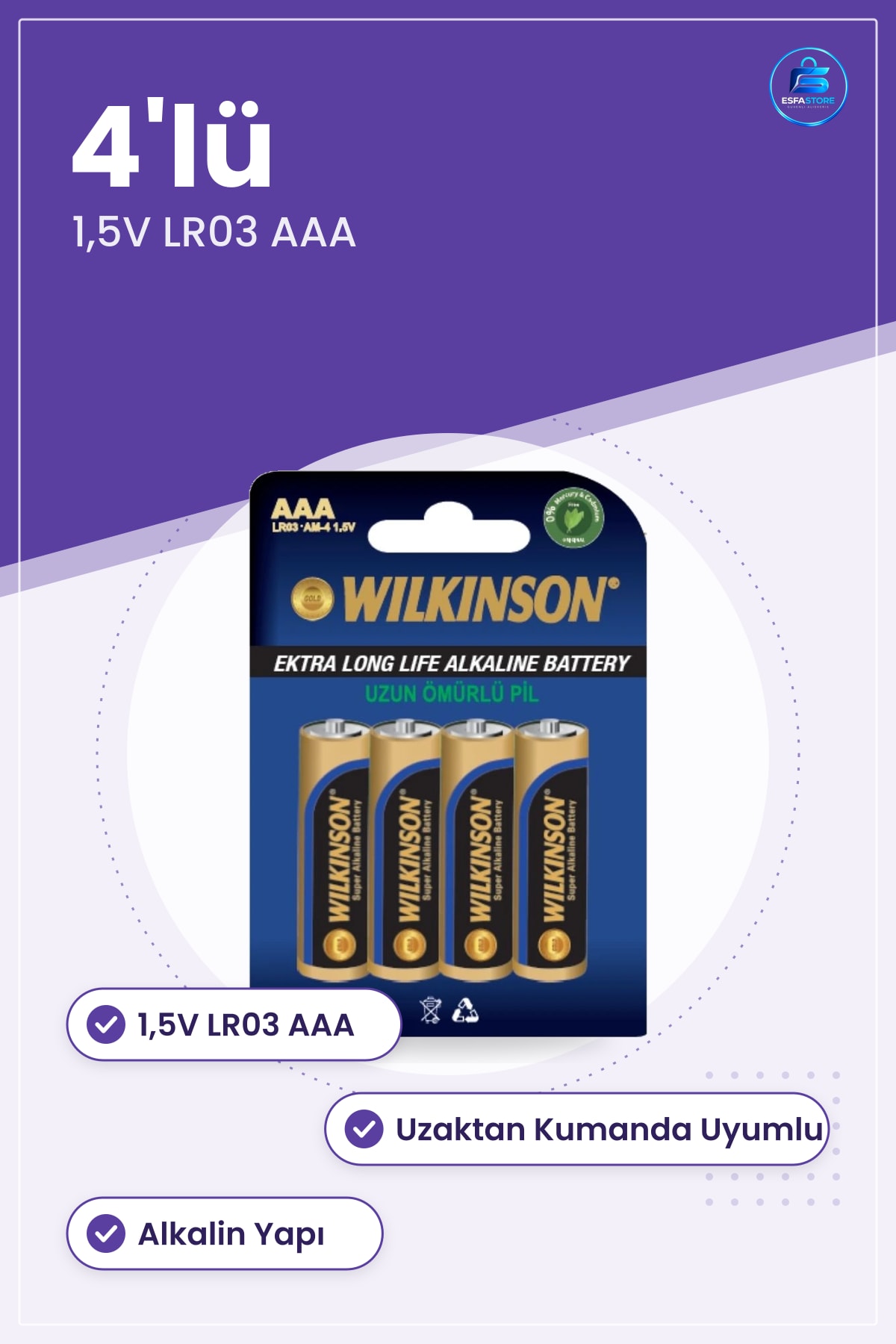 Alkalin AAA İnce Kumanda Pili 1,5V LR03 4'lü Uzun Ömürlü Uzaktan Uyumlu Elektronik