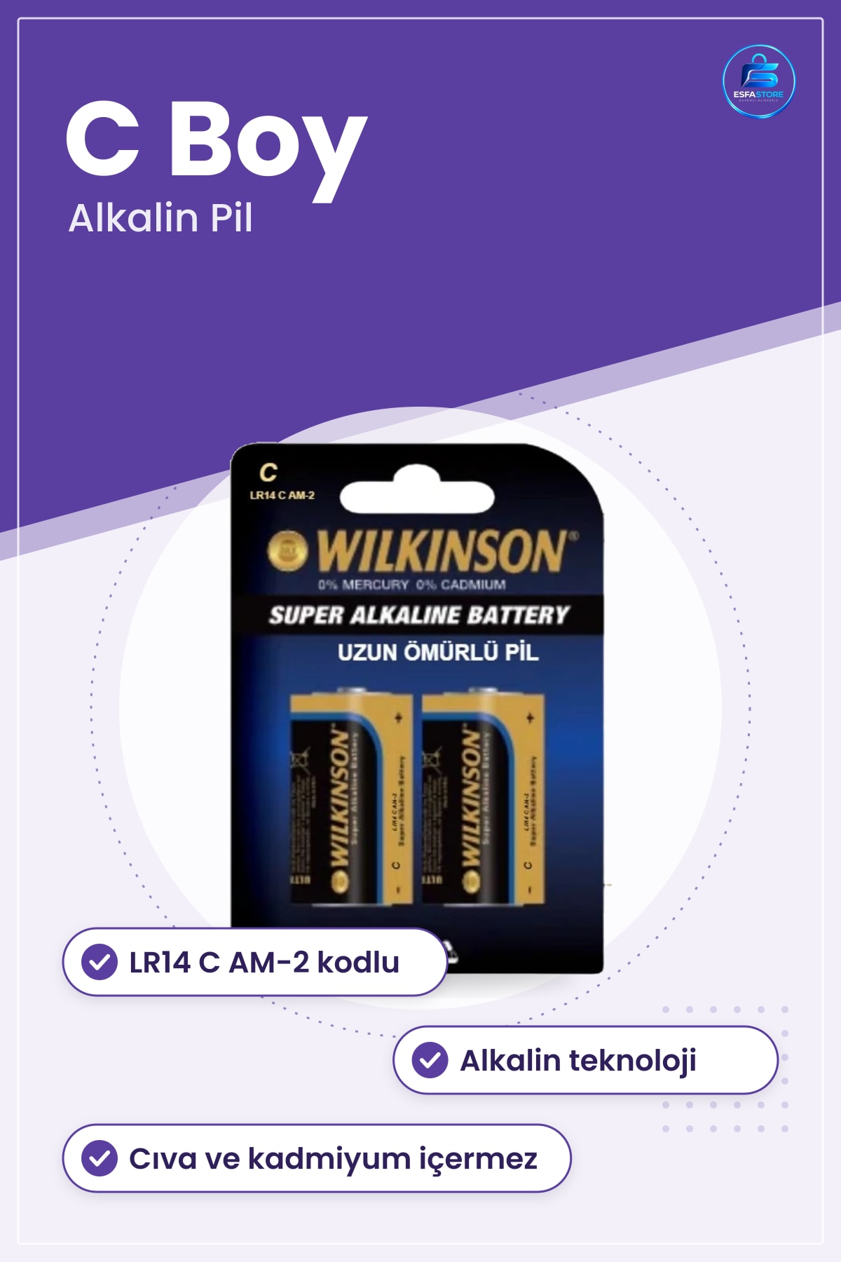 Alkalin Orta C Boy Pil LR14 2 Adet Uzun Ömürlü Cıva ve Kadmiyum İçermez Dayanıklı