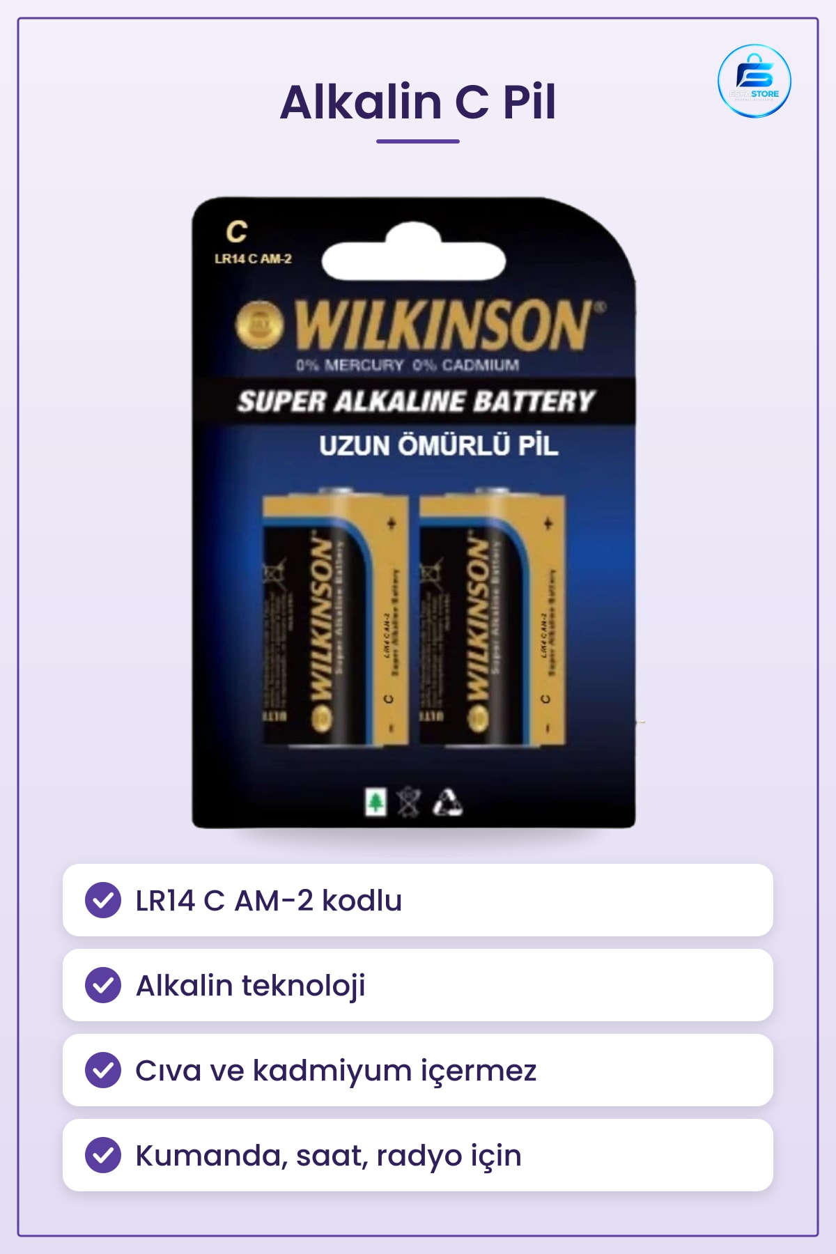 Alkalin Orta C Boy Pil LR14 2 Adet Uzun Ömürlü Cıva ve Kadmiyum İçermez Dayanıklı
