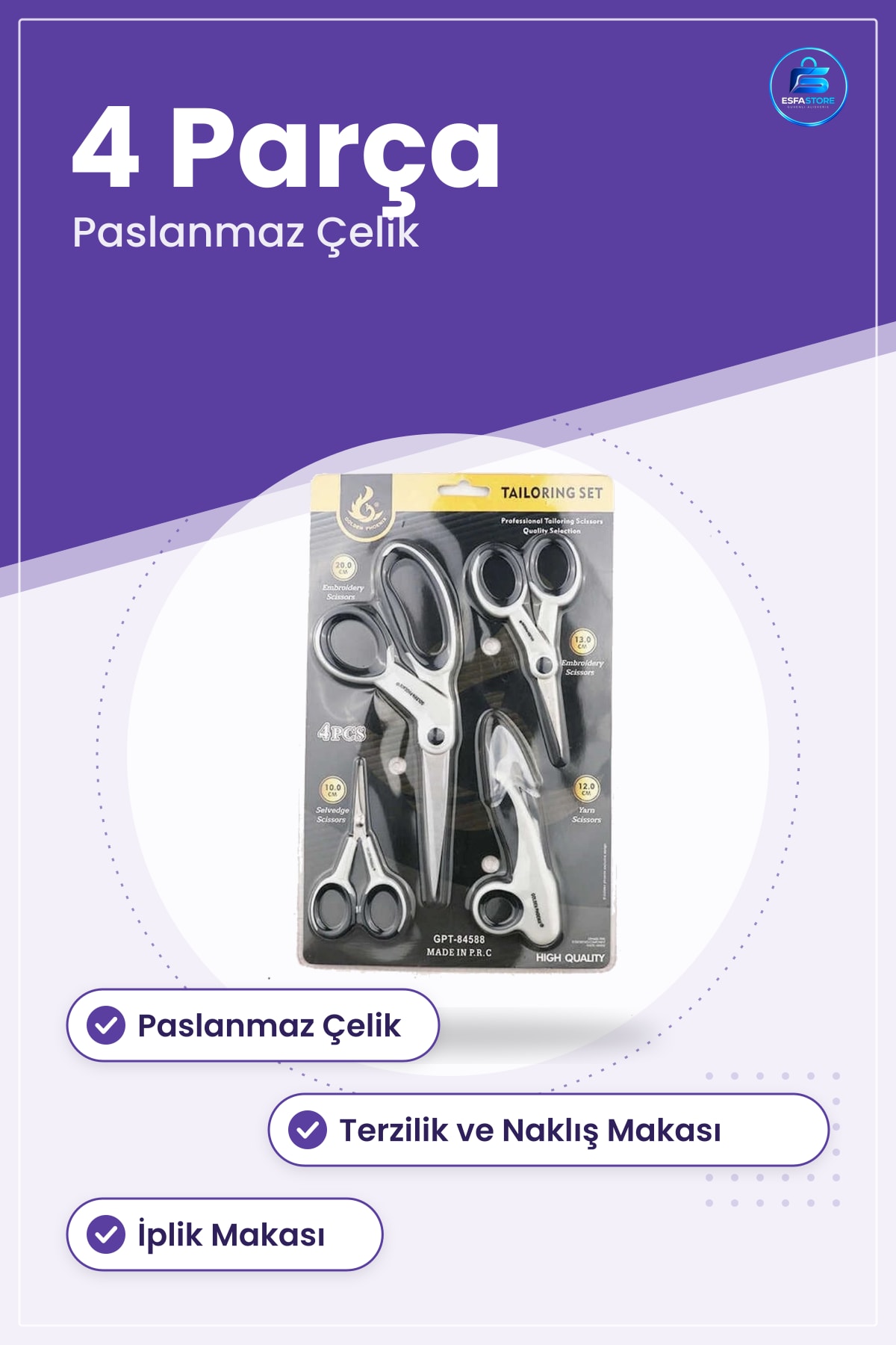 Makas Seti 4 Parça Paslanmaz Çelik Terzilik Dikiş Nakış Kumaş İplik Kesim Makası Ofis