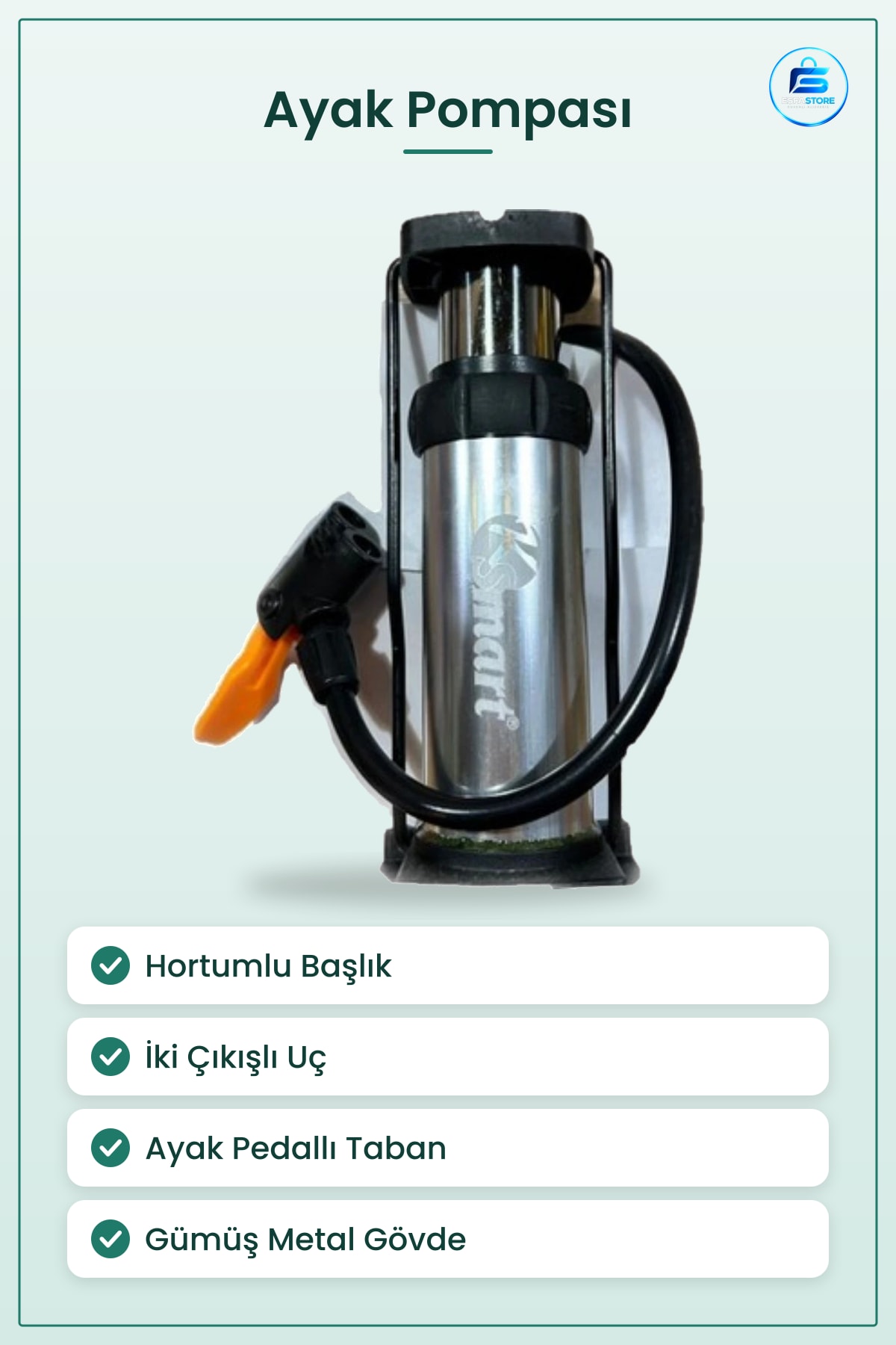 İkili Ayak Pompası Bisiklet Aksesuarı Lastik Şişirici Hortumlu Gümüş Gövde Pompa