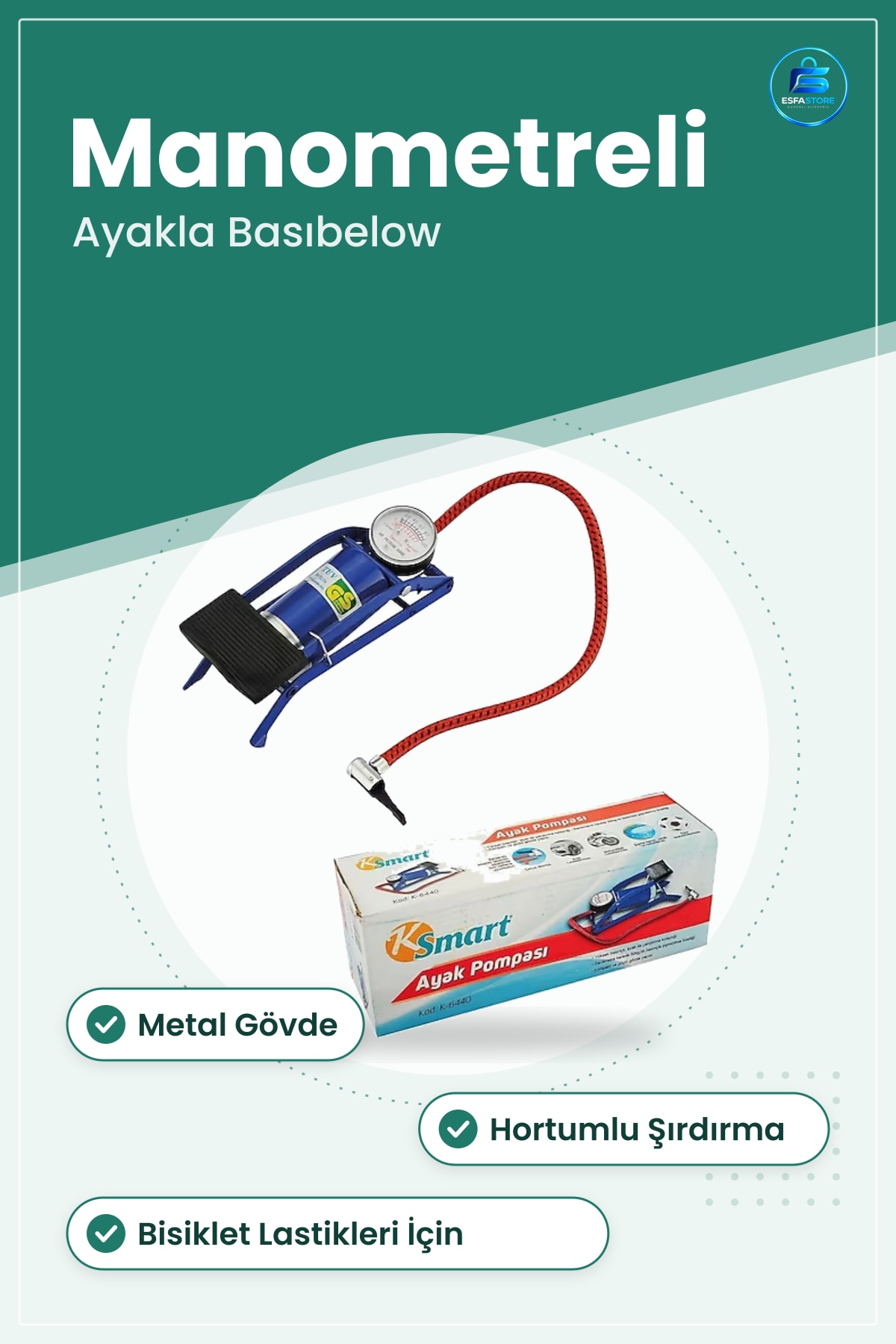 Ayak Pompası Bisiklet Aksesuarı Manometreli Metal Gövdeli Lastik Şişirme Hortumlu