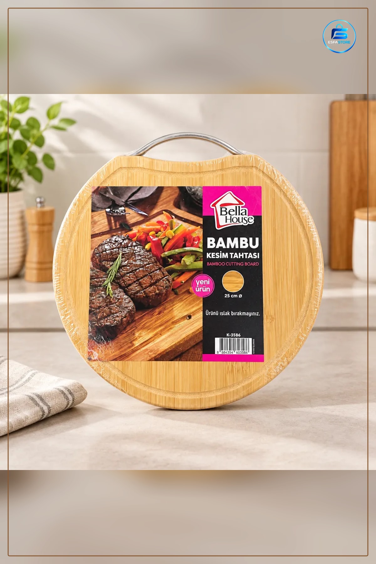 Kesme Tahtası Yuvarlak Bambu Kesim Panosu 25 cm Çap Metal Tutacaklı Oluklu Mutfak
