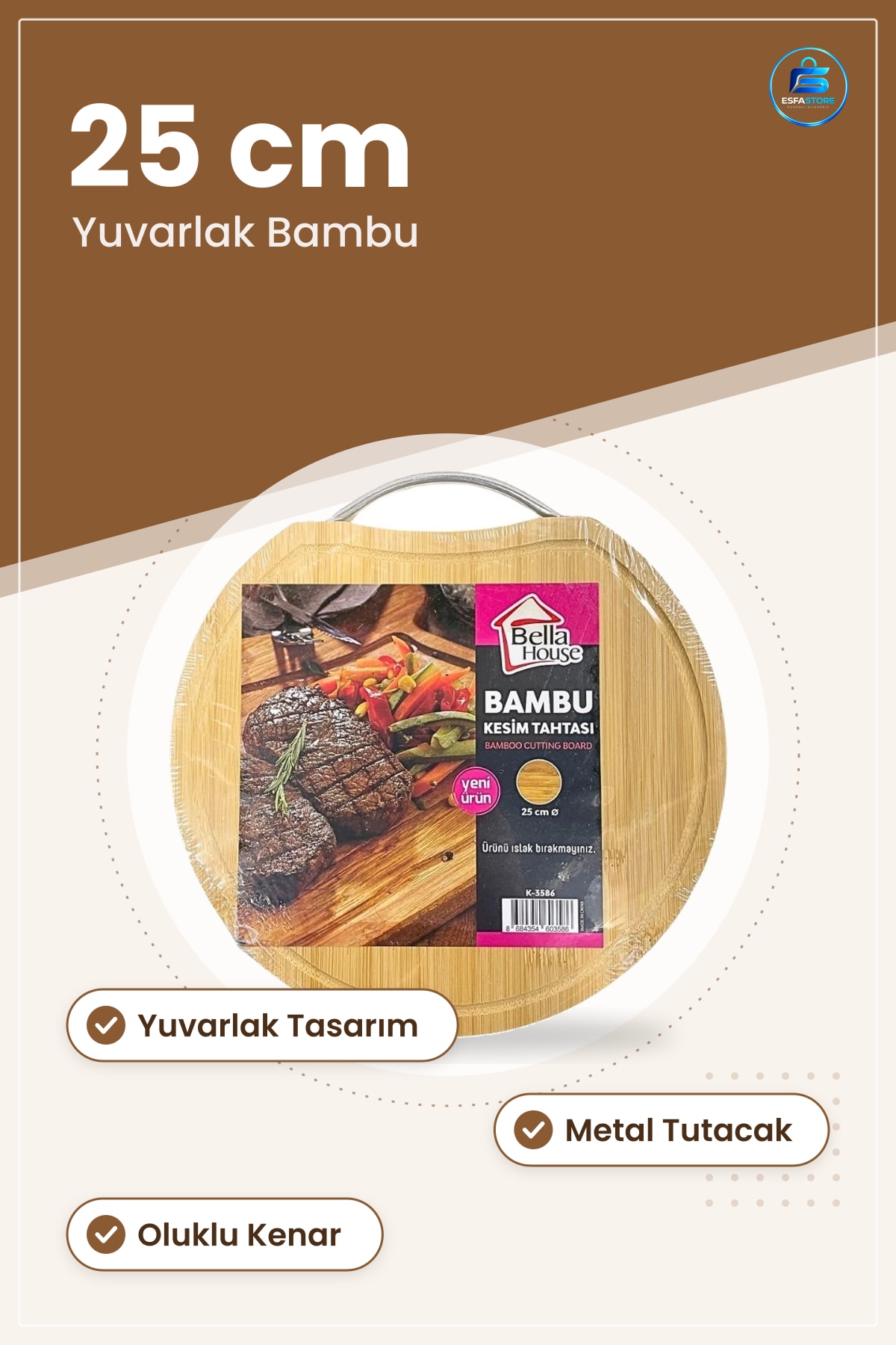Kesme Tahtası Yuvarlak Bambu Kesim Panosu 25 cm Çap Metal Tutacaklı Oluklu Mutfak