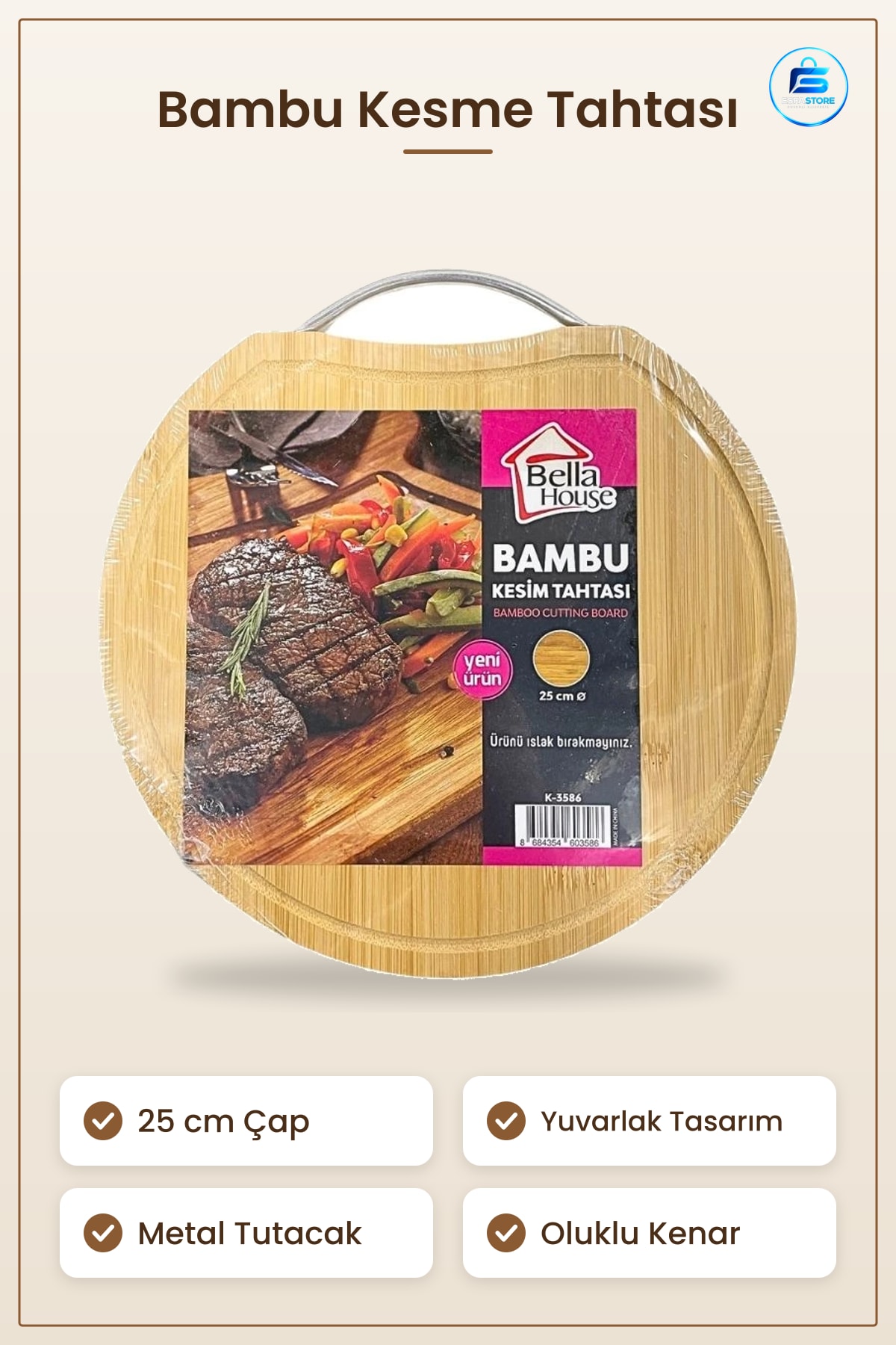 Kesme Tahtası Yuvarlak Bambu Kesim Panosu 25 cm Çap Metal Tutacaklı Oluklu Mutfak