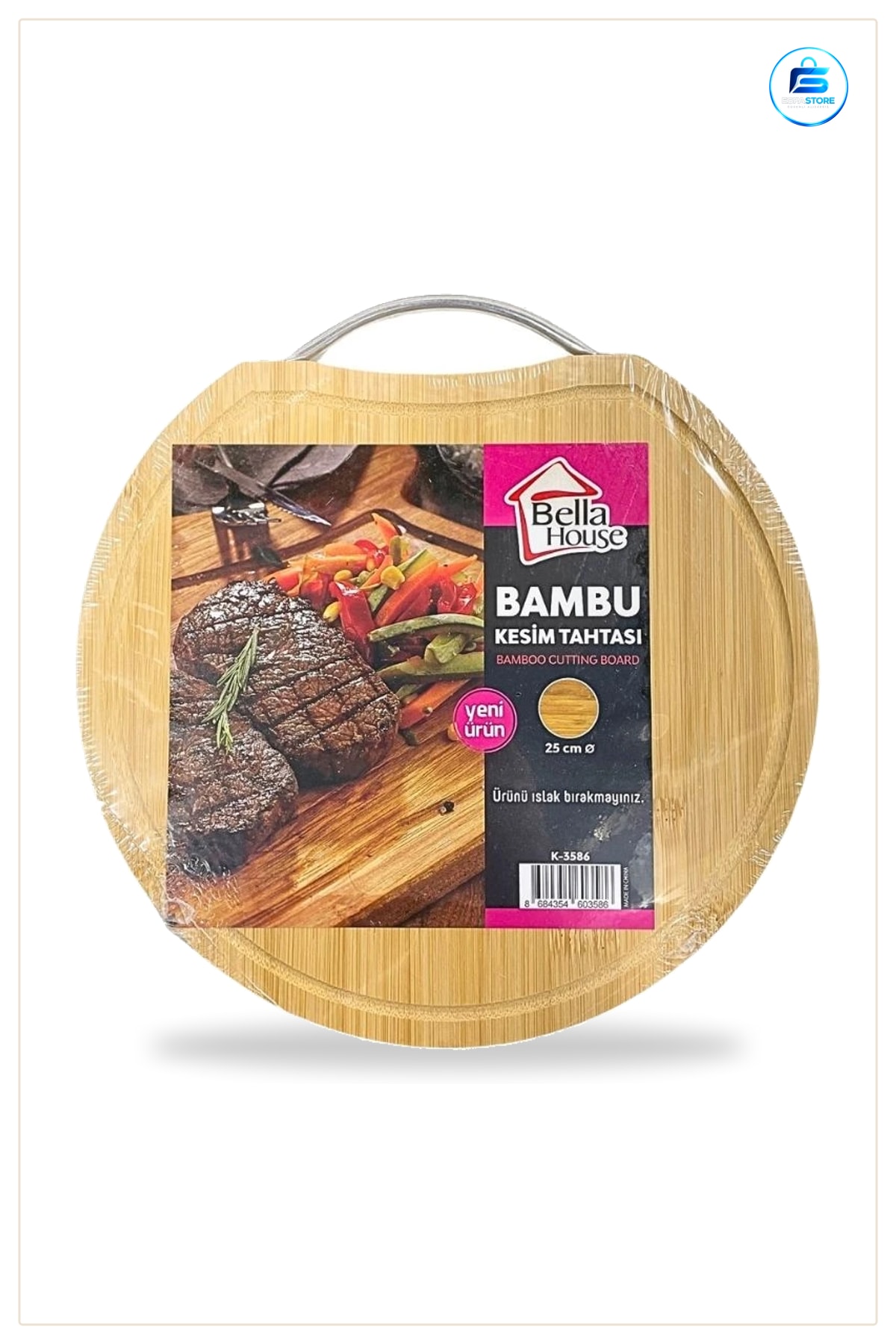 Kesme Tahtası Yuvarlak Bambu Kesim Panosu 25 cm Çap Metal Tutacaklı Oluklu Mutfak