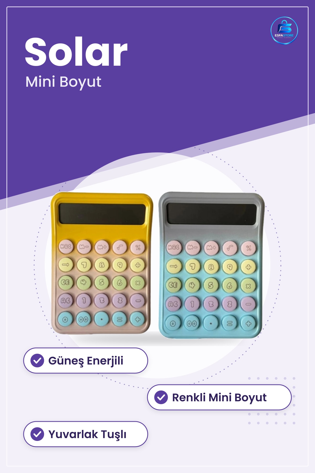 Mini Solar Hesap Makinesi Renkli 1 Adet Güneş Enerjili Ofis Masaüstü Kırtasiye Yuvarlak Tuşlı
