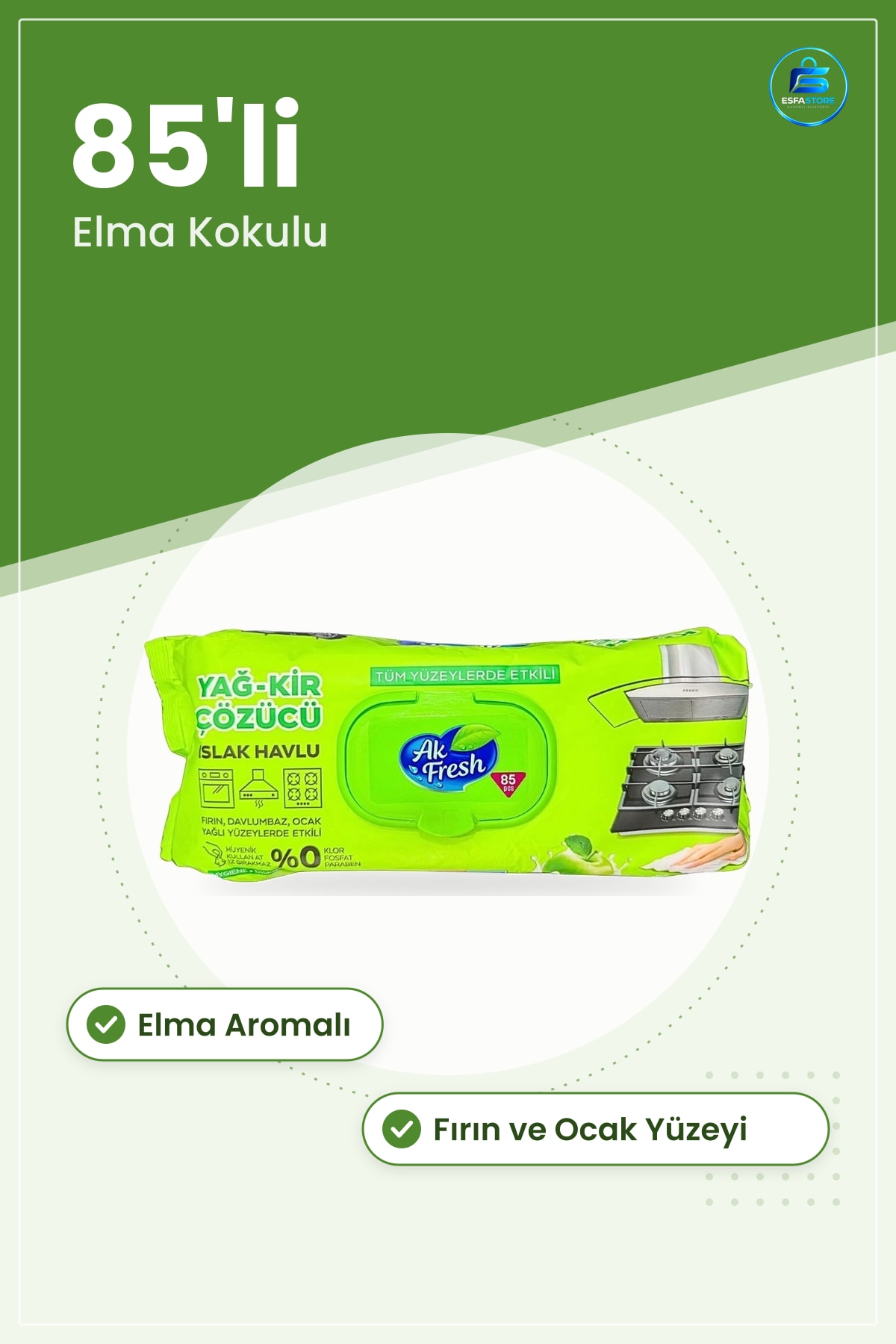 Yağ ve Kir Çözücü Islak Mendil Elma 85'li Mutfak Ocak Fırın Davlumbaz Yağlı Yüzey Temizlik