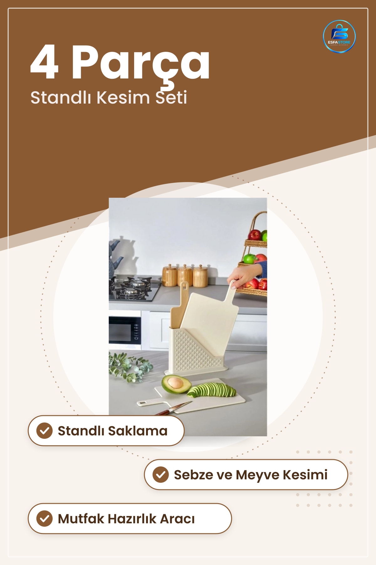 Saplı Kesme Tahtası Kesim Panosu 4 Parça Set Mutfak İçin Standlı Tezgah Üstü Saklama