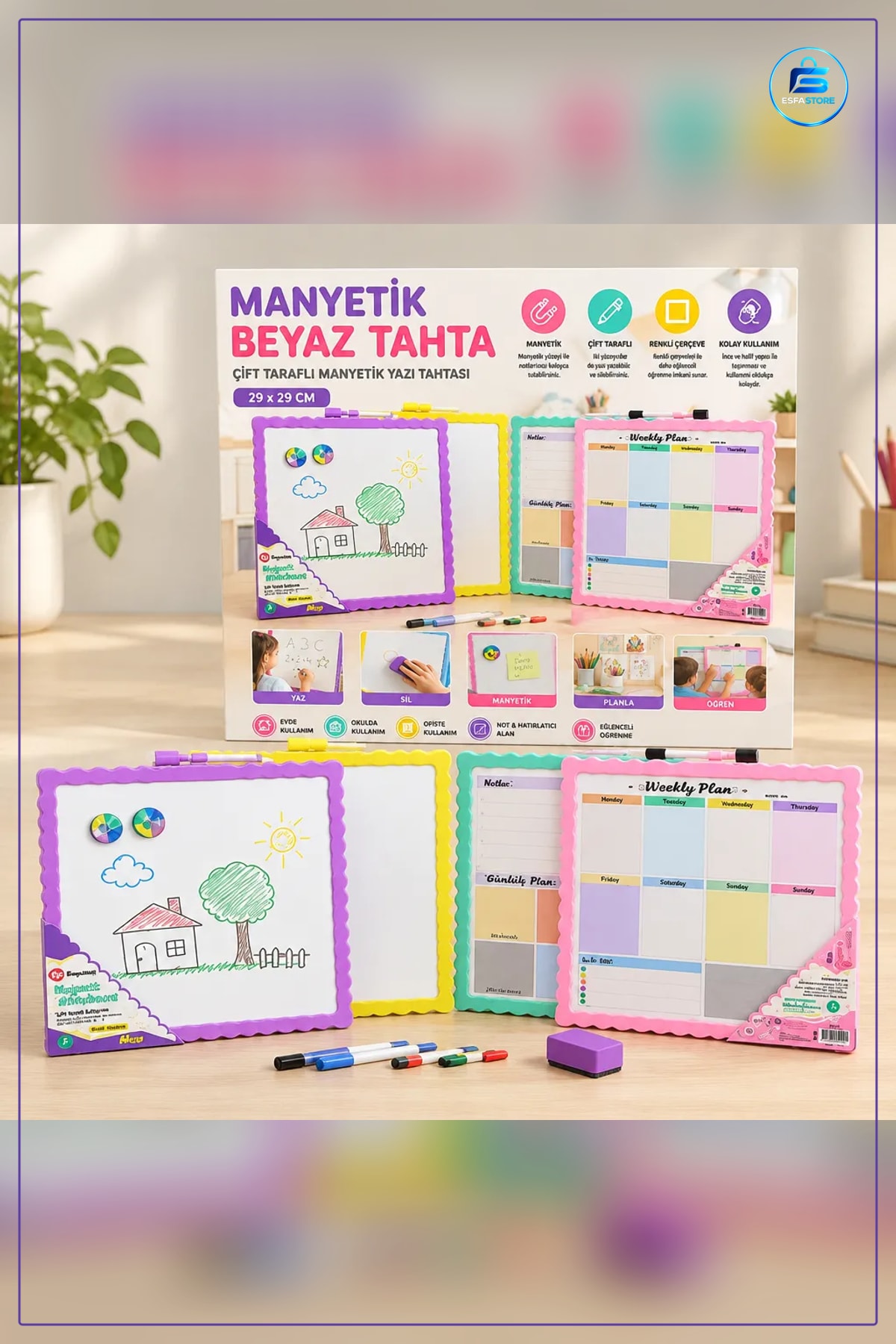 Manyetik Yazı Tahtası 29x29 cm Çift Taraflı Beyaz Yüzey Kolay Silinebilir Ofis ve Okul Kırtasiye