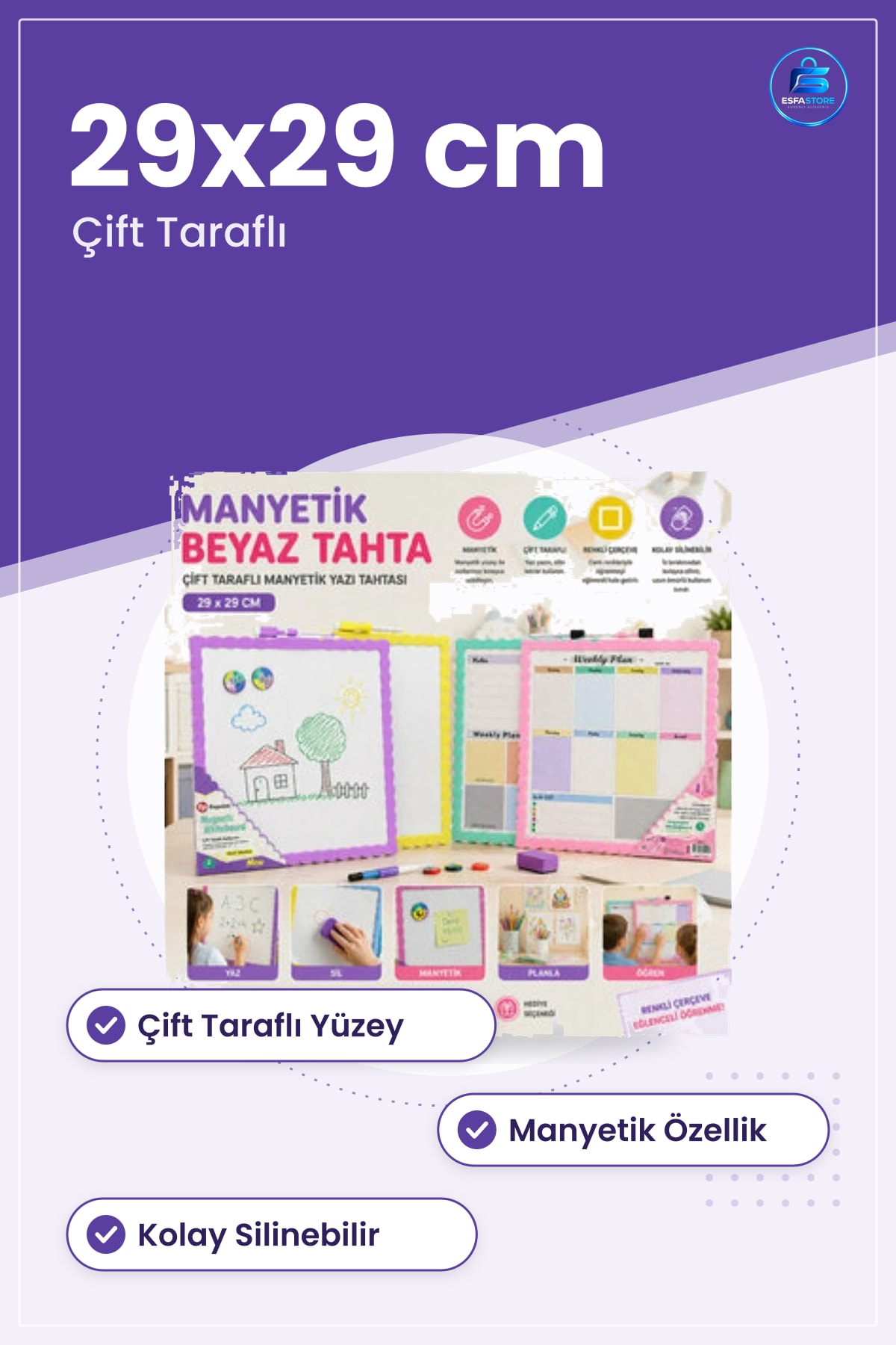 Manyetik Yazı Tahtası 29x29 cm Çift Taraflı Beyaz Yüzey Kolay Silinebilir Ofis ve Okul Kırtasiye