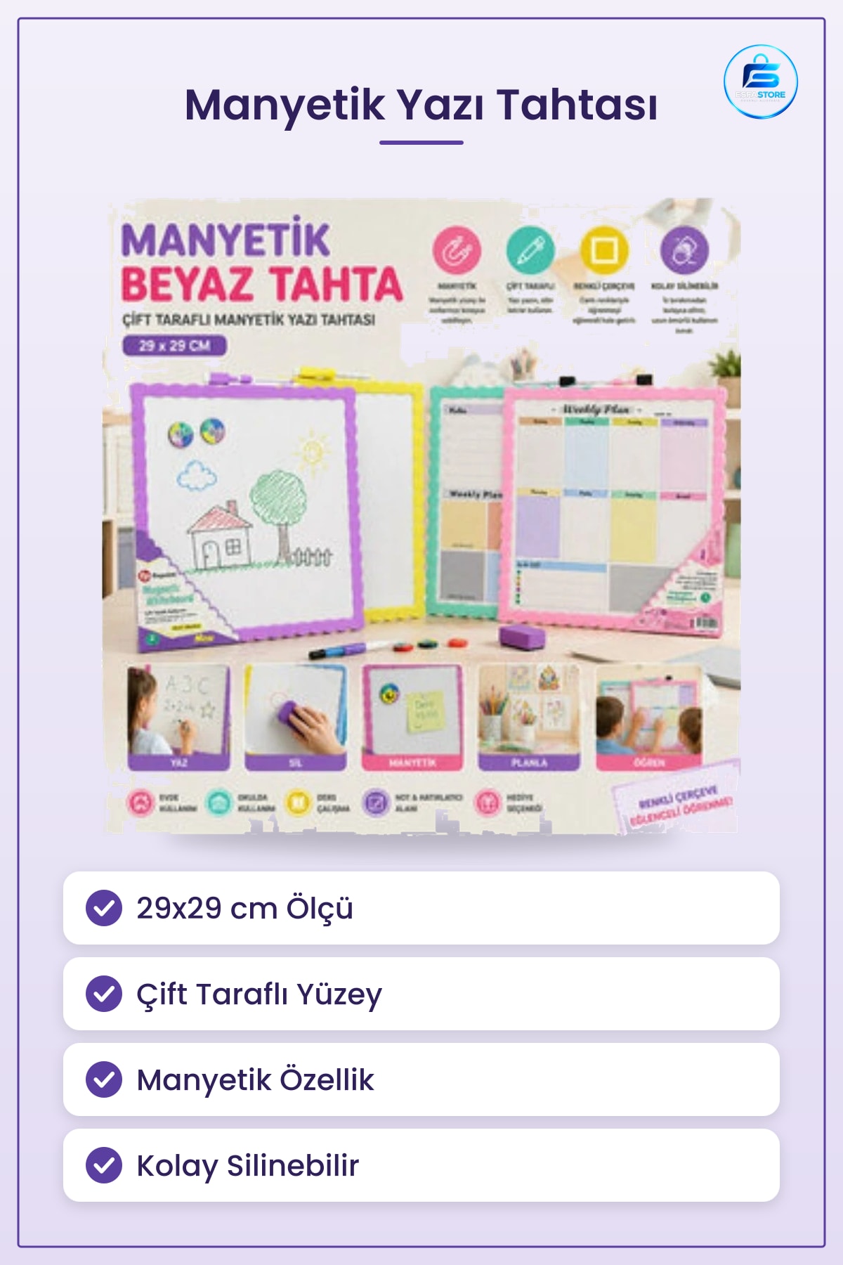 Manyetik Yazı Tahtası 29x29 cm Çift Taraflı Beyaz Yüzey Kolay Silinebilir Ofis ve Okul Kırtasiye
