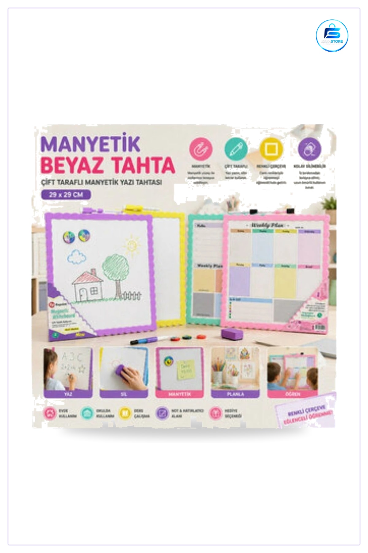 Manyetik Yazı Tahtası 29x29 cm Çift Taraflı Beyaz Yüzey Kolay Silinebilir Ofis ve Okul Kırtasiye