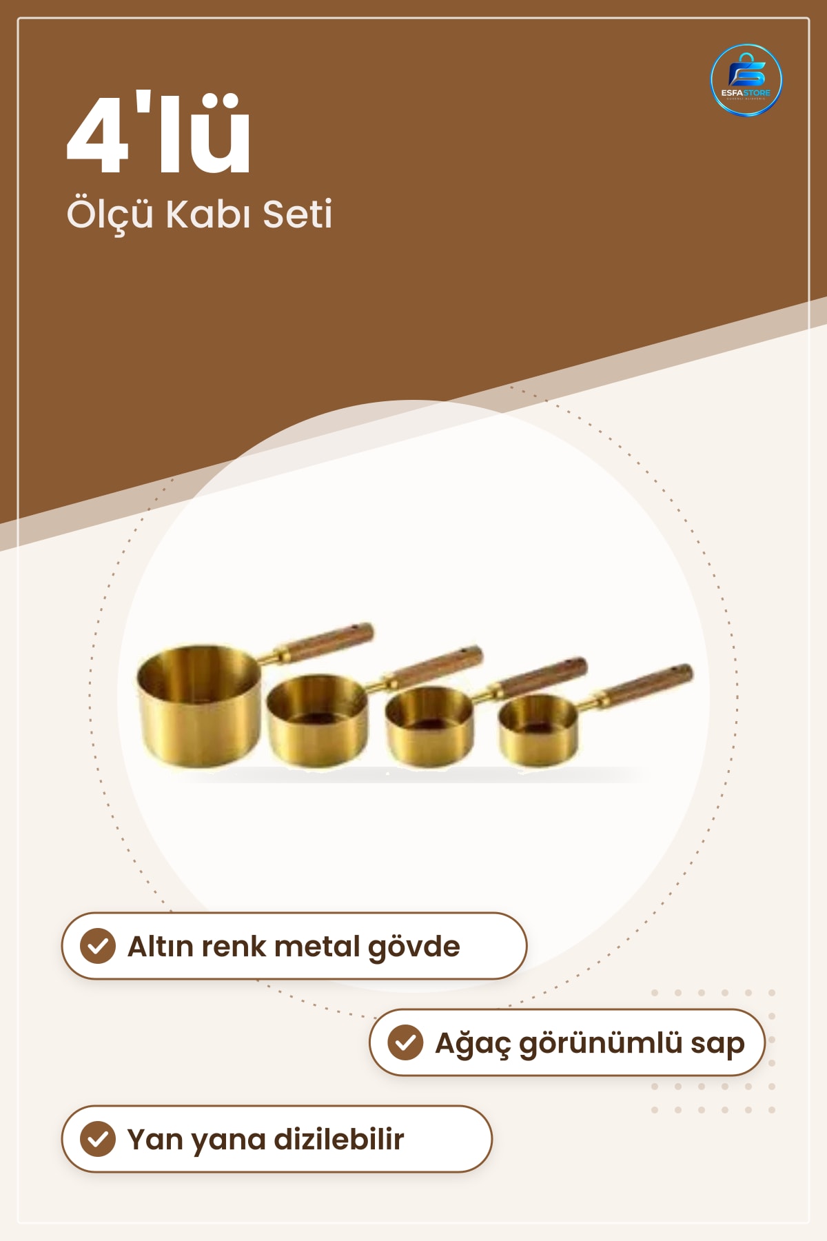 Ağaç Saplı Ölçü Kabı Seti 4'lü Altın Renk Mutfak Ölçüm Aracı Pratik Kullanım Yemek Hazırlık