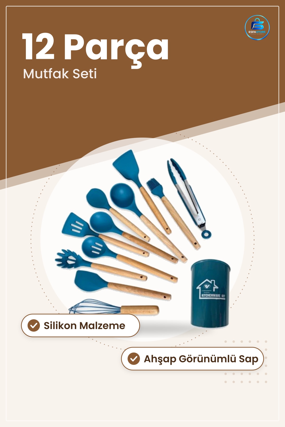 Silikon Spatula Seti 12 Parça Ahşap Saplı Mutfak Gereci Kepçe Süzgeç Çırpıcı Kıskaç Hazırlık