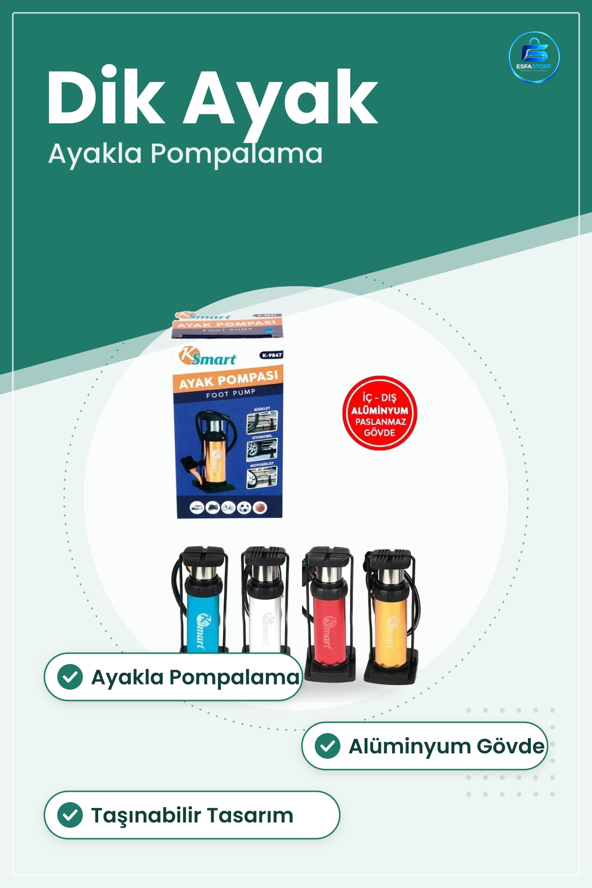 Dik Ayak Şişirme Pompası Bisiklet Otomobil Motosiklet ve Top İçin Almünyum Gövdeli Taşınabilir