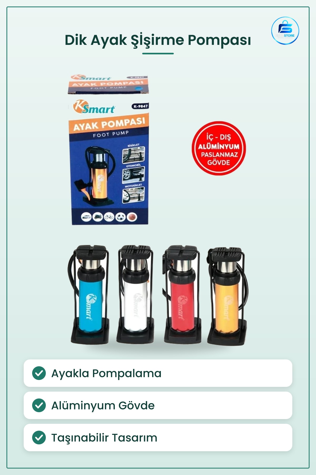 Dik Ayak Şişirme Pompası Bisiklet Otomobil Motosiklet ve Top İçin Almünyum Gövdeli Taşınabilir