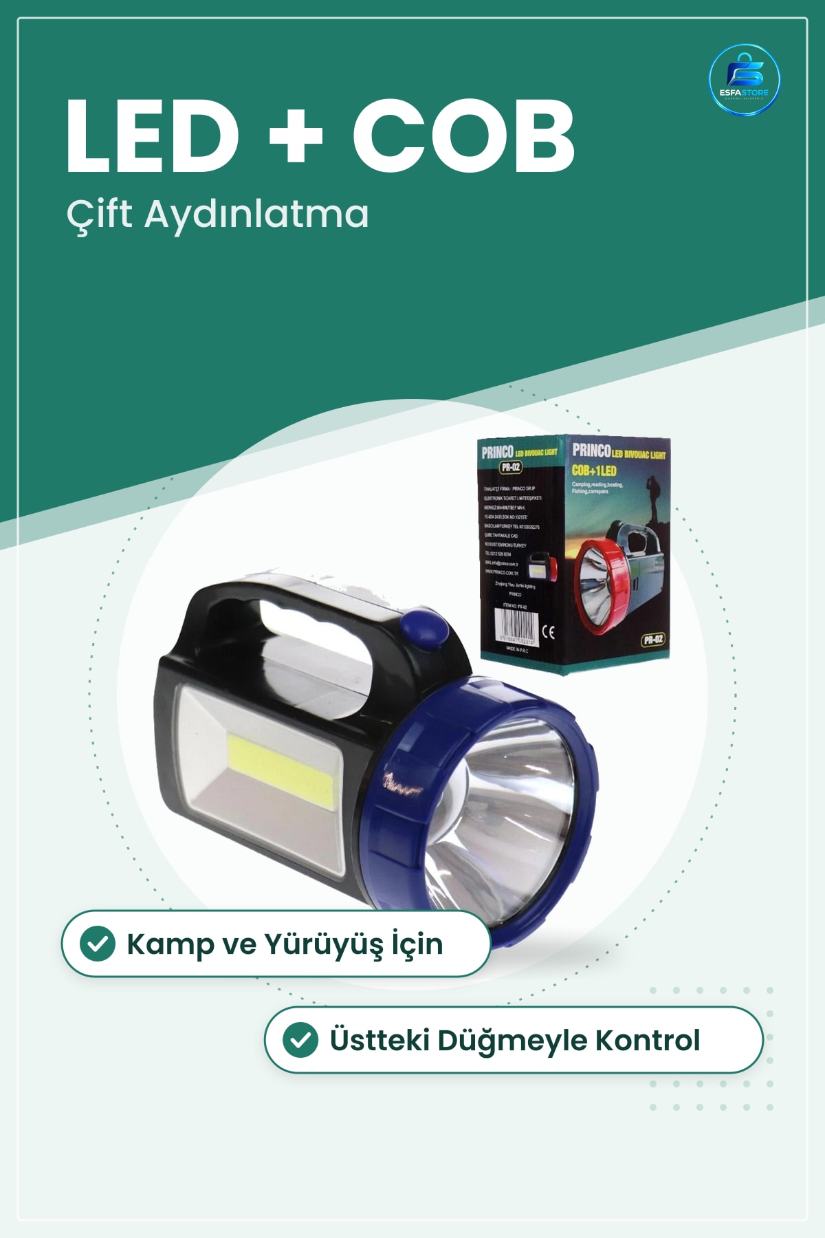 LED El Feneri Pilli Fener COB Işıklı Taşınabilir Kamp Yürüyüş Balıkçılık Aydınlatma